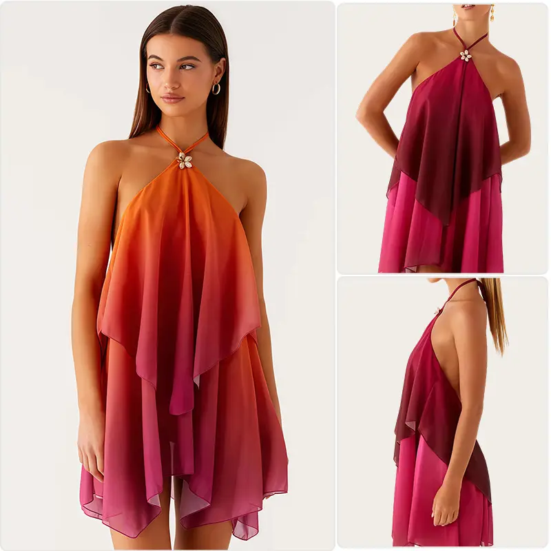 Elegant Halter Neck Dress for Women, 2025 Autumn New Style, Unique Mesh Gradient Color Loose Halter Neck Dress