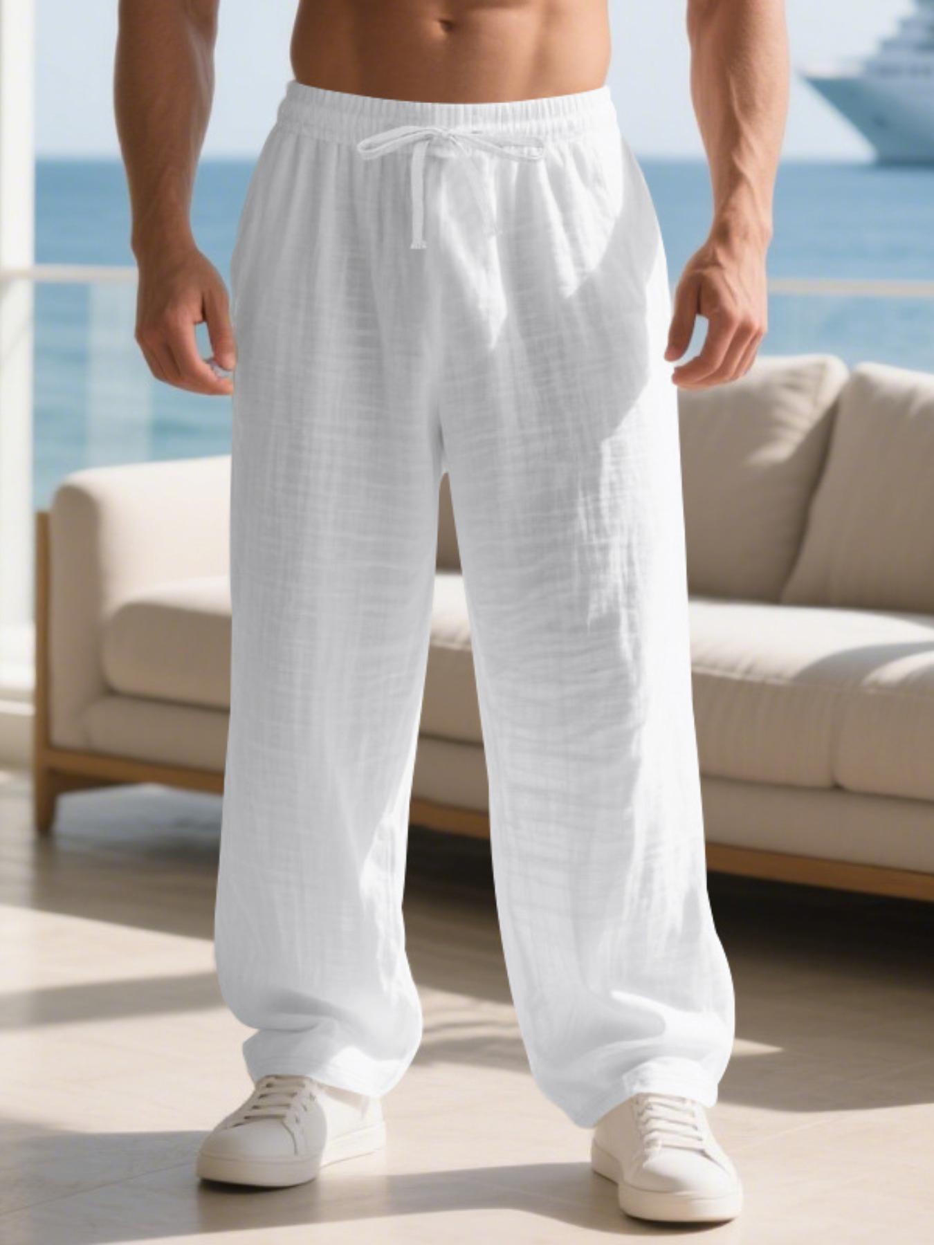 Men's Linen Long Pants Fit with Pockets, Casual Beach Pants, Summer Home Wear, Elastic Waistband & Drawstring, Spring & Fall Fashion