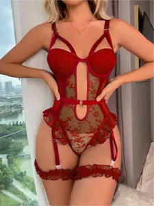 Women's Sexy Lace Mesh Jumpsuit with Bra Cups & Thigh Rings, Party Wear, Sleepwear, Girlfriend Gift, Elegant Night Out