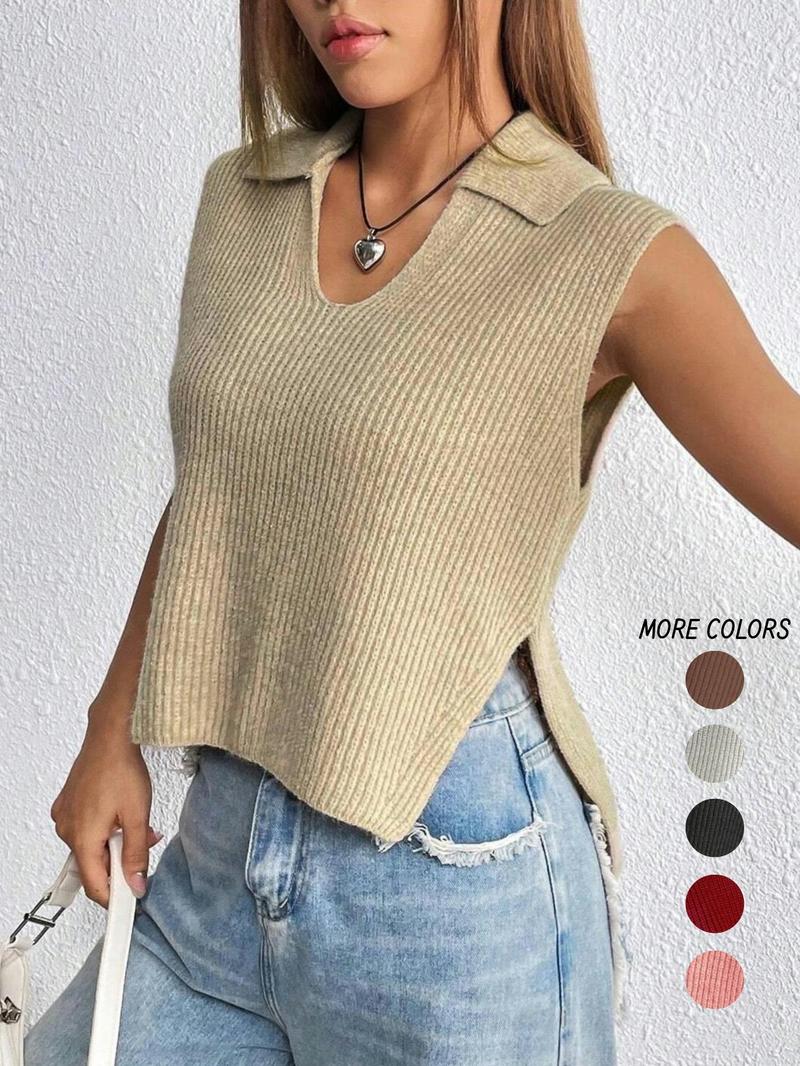 Women's Plain Split Hem Sweater Vest, Casual Fitted Solid Collar Sleeveless Knitwear Top for Summer, Fashion Ladies' Collared Knit Clothing for Everyday Wear, Minimalist Basic Womenswear, Sleeveless Vests