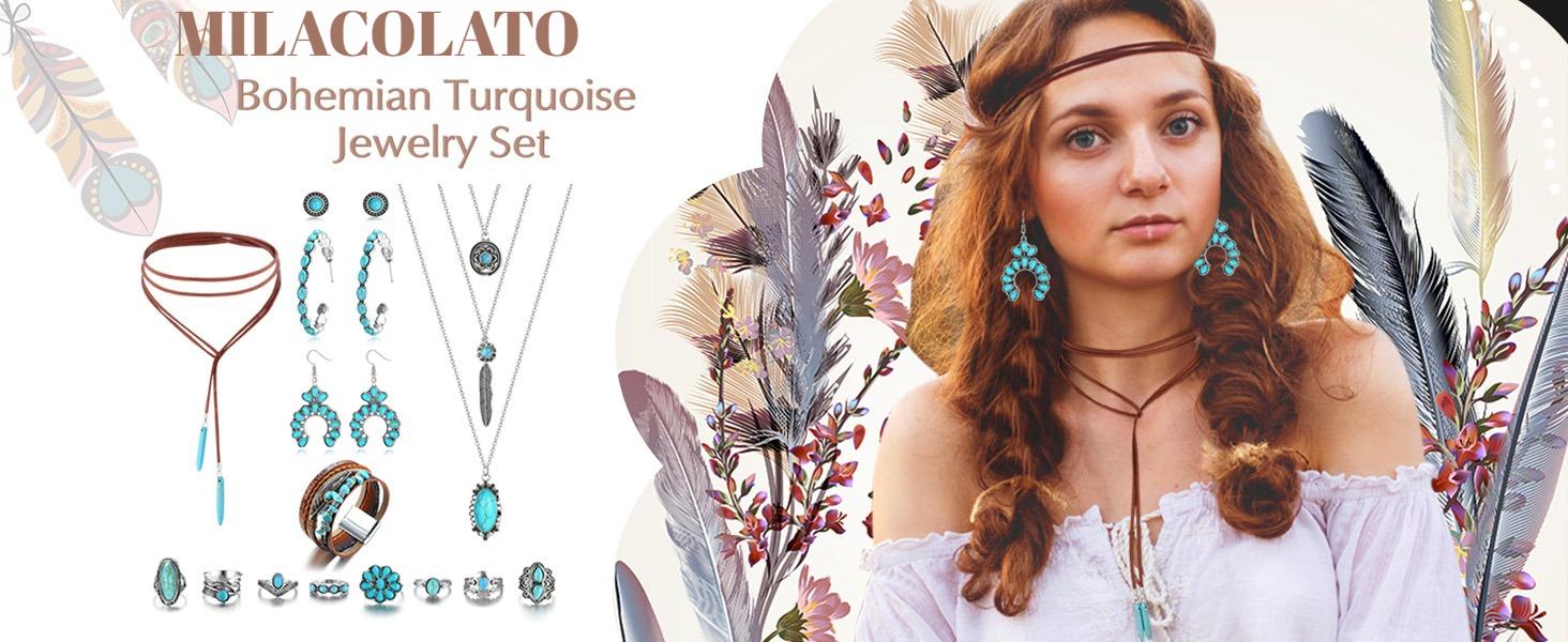 MILACOLATO Western Jewelry For Women Bohemian Turquoise Jewelry Set Turquoise Pendant Choker Necklace Turquoise Faux Leather Cuff Bracelet Turquoise Hoop Dangle Earrings Turquoise Joint Knuckle