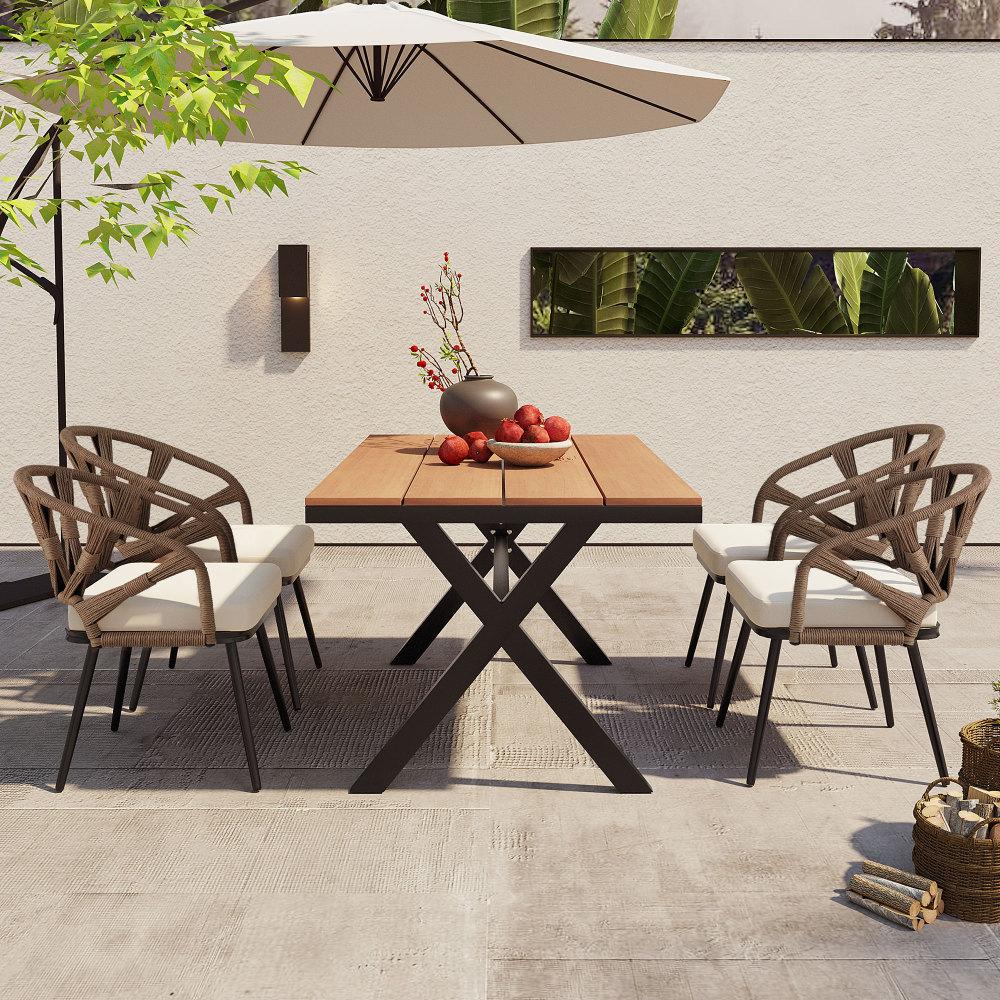 Contemporary Outdoor Set with PE Rattan Chairs and Plastic Wood Table, pool furniture ,backyard porch Suitable for Gardens and Lawn