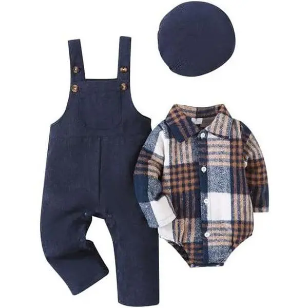 Baby Boy 3-Pieces Outfit Bundle, Classic Plaid Flannel Bodysuit with Snaps Closure, Corduroy Overalls & Beret Hat, Fall Winter Boys Wear for 3-24 Months