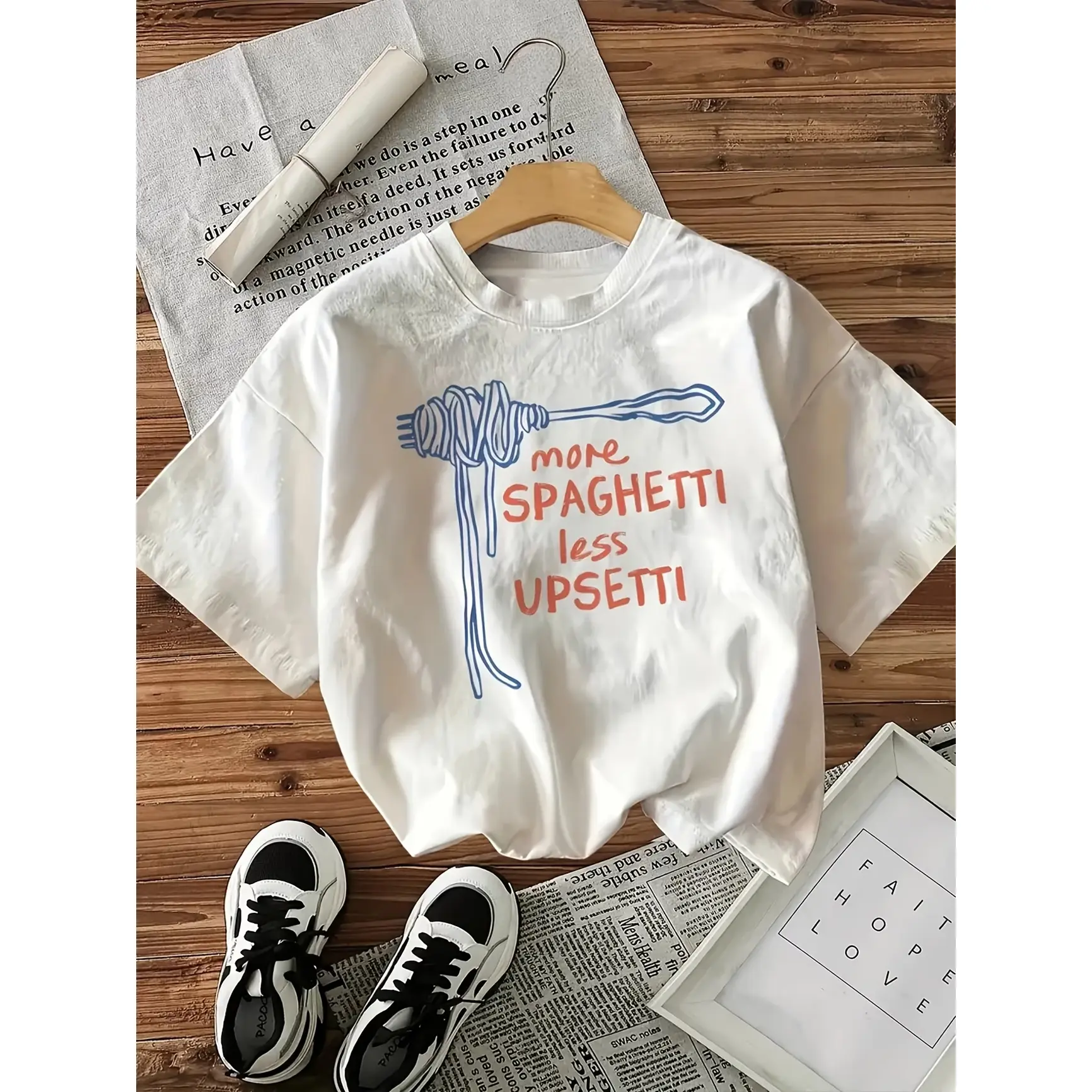 Women's Soft Oversized Short-Sleeve Tee - "More Spaghetti Less Upsetti" Fork Pasta Graphic Cotton T-Shirt, Minimalist Cute Fashion Top, Perfect Gift for Italian Food Lovers, Valentine’s Day Present