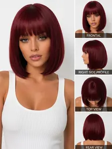 Women's Versatile 14-Inch Wine Bangs Bob Wig, Straight Short Hair, Natural Shine, Daily Wear, High-End Lightening Style