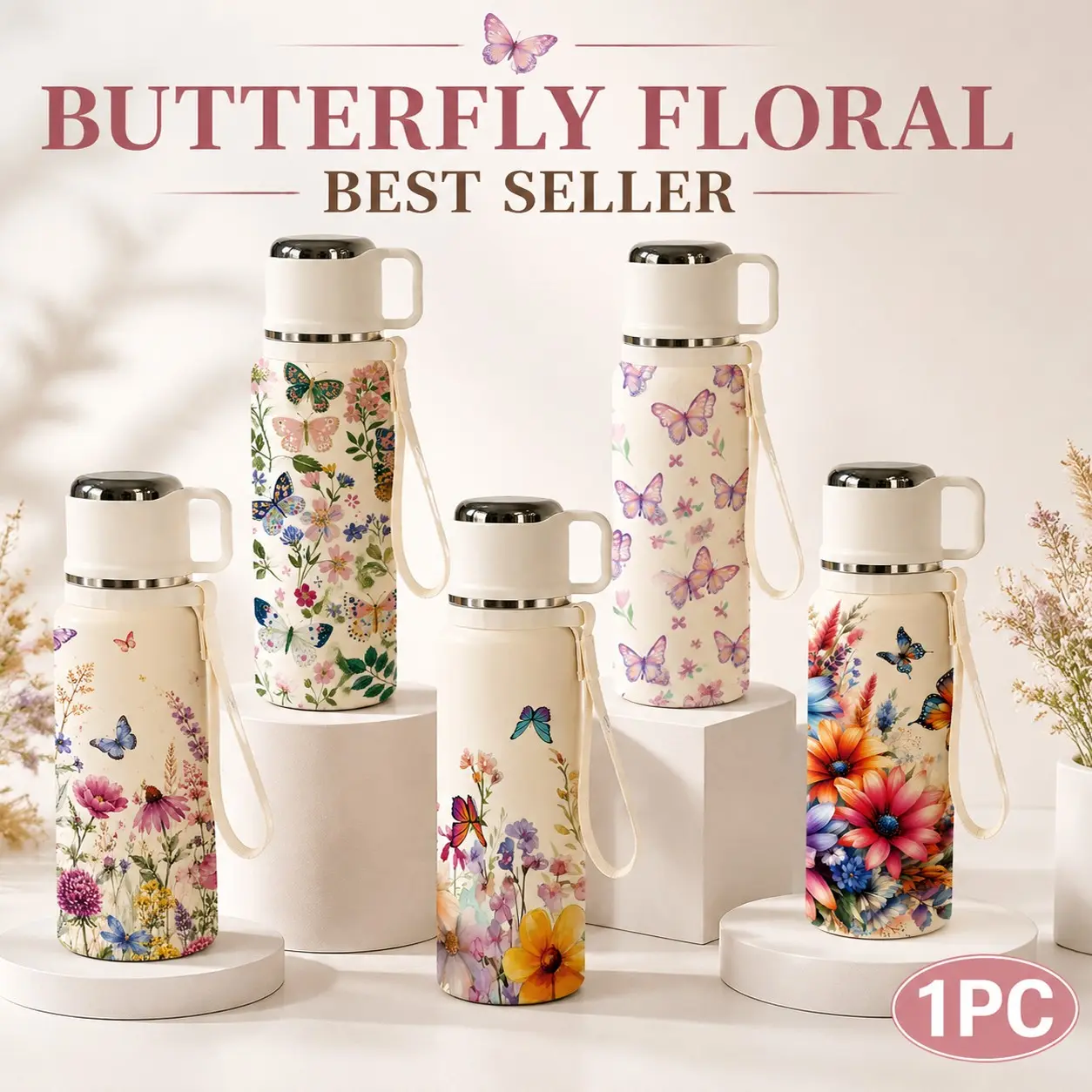 1 PC 20oz Butterfly Floral Insulated Water Bottle, Stainless Steel Travel Tumbler, Double Wall Vacuum Thermos Cup, Leakproof Coffee Mug with Carry Strap, Cold & Hot Drink Bottle for School, Office, Daily Use, Gift for Women & Girls, Drinkware