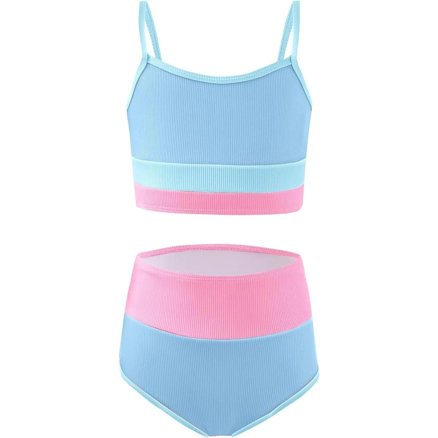 Girls' Color Block Two-Piece Bikini Set with Adjustable Straps and Chest Pad, Swimwear for Ages 5-14 Years(Gift)