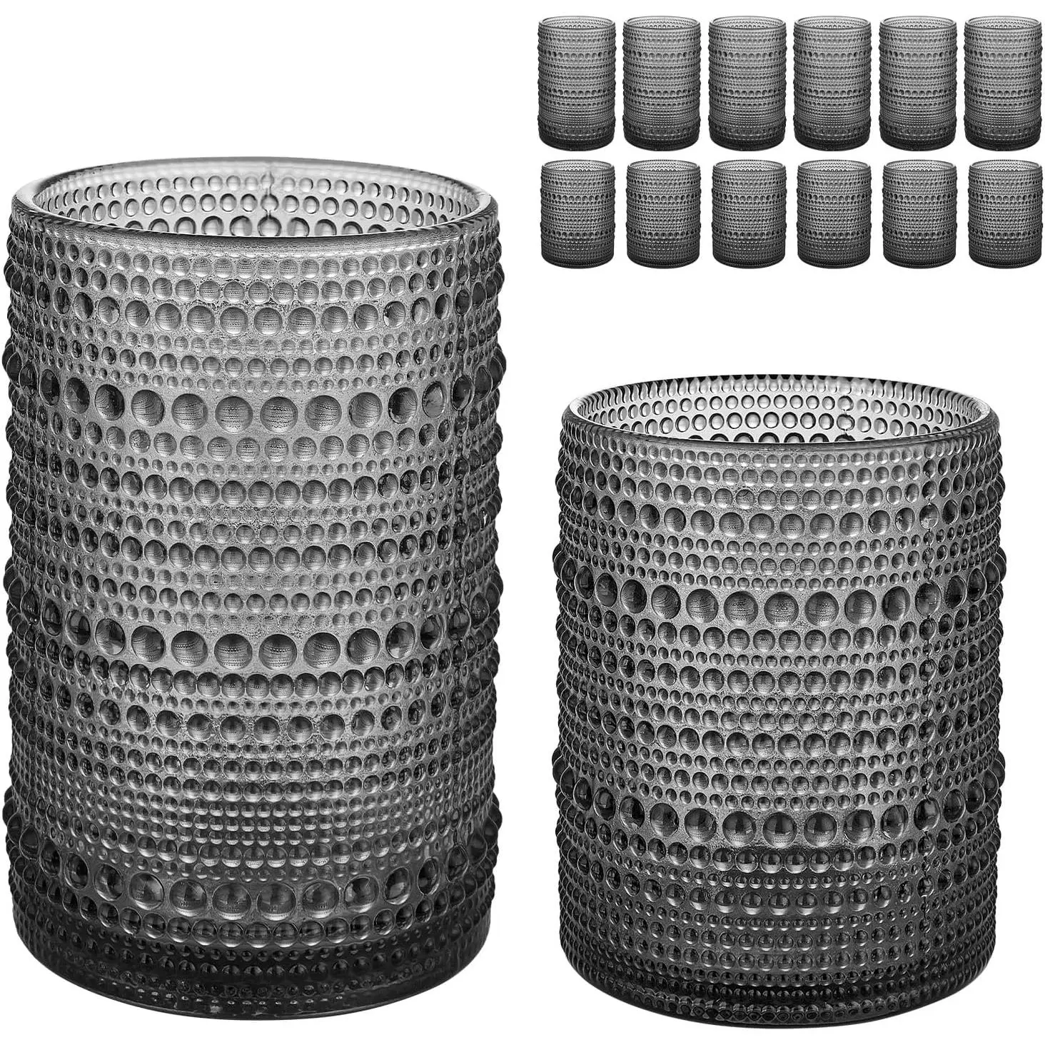 Drinking Glasses Set of 12, 12oz & 15oz Vintage Glassware Set Cocktail Glass Set, Embossed Gray Water Tumbler,for Beer, Whiskey,Juice and Various Mixed Drinks