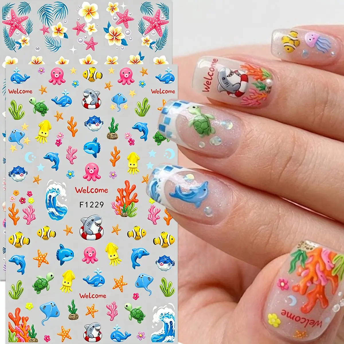 2 Sheets Colorful Ocean Cartoon Shark Starfish Egg Flower Nail Art Stickers, Summer Beach Vacation 3D Back Glue, Tropical Hawaiian Style Nail Decoration