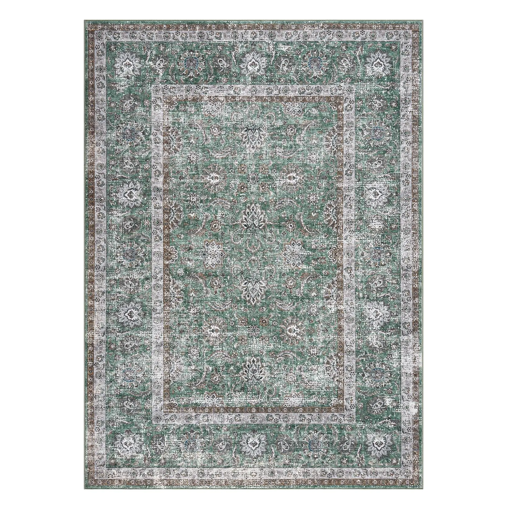 Garvee Hallway Runner Rug Washable Non-Slip Vintage Faux Wool Area Rugs for Entryway Indoor Kitchen Laundry Bedroom Living Room Green 5*7ft