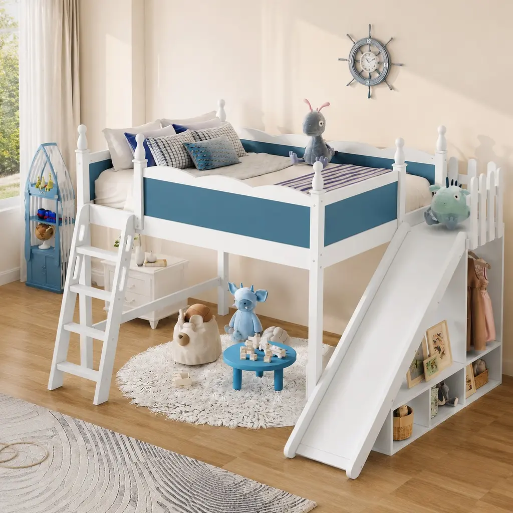 Full Size ARCH Solid Wood Loft Bed - White+Blue Kids Indoor Furniture with Storage Shelves, Wardrobe, Detachable Slide, Ladders, Space-Saving Fun Design, No Box Spring Needed