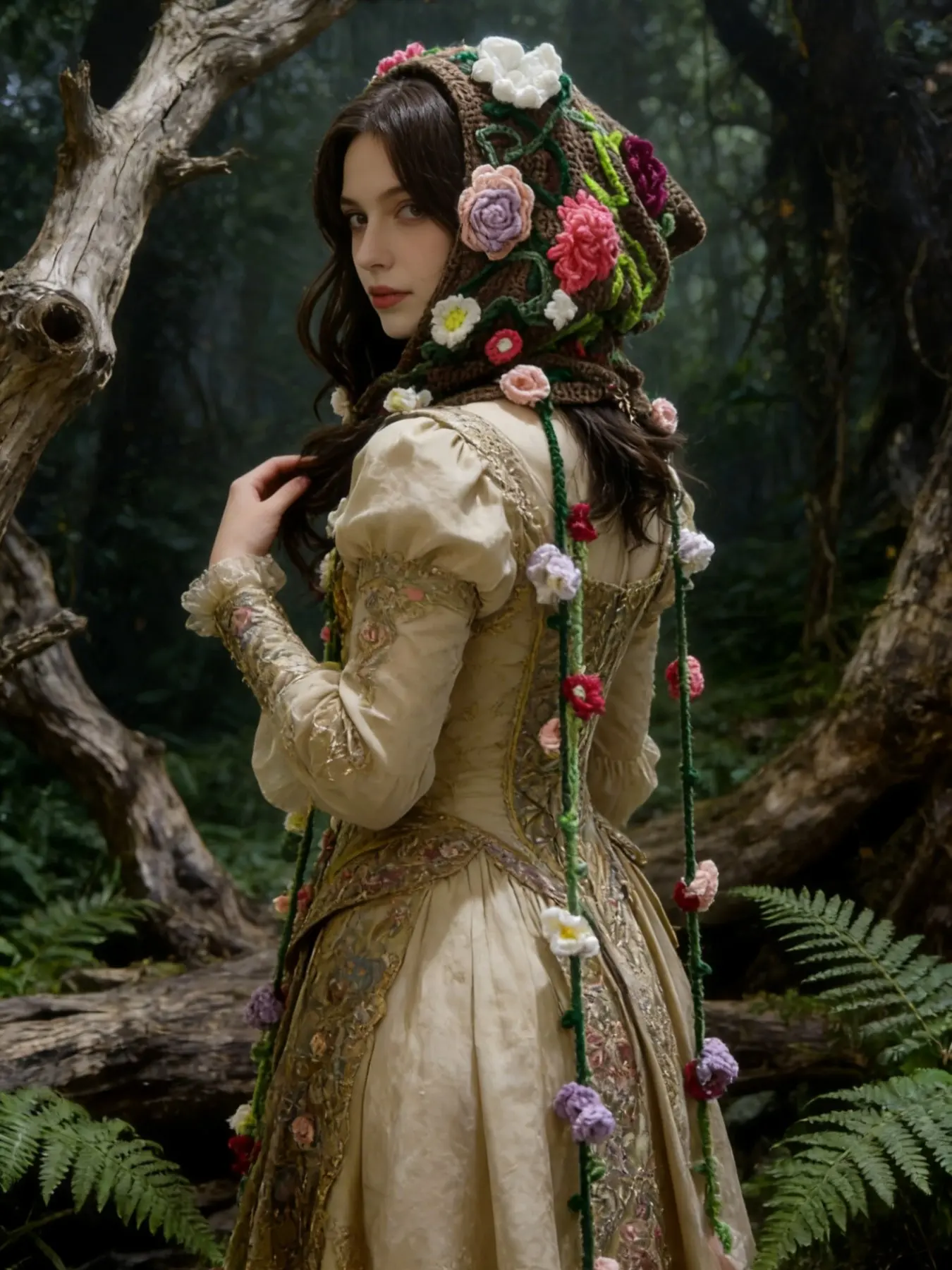Handmade Crochet Floral Forest Hood with 3D Vine & Rose Details, Fairycore Woodland Elf Bonnet, Cottagecore Flower Tassel Hat for Women, Cute Beanie Hat, Enchanted Meadow Cosplay Headwear