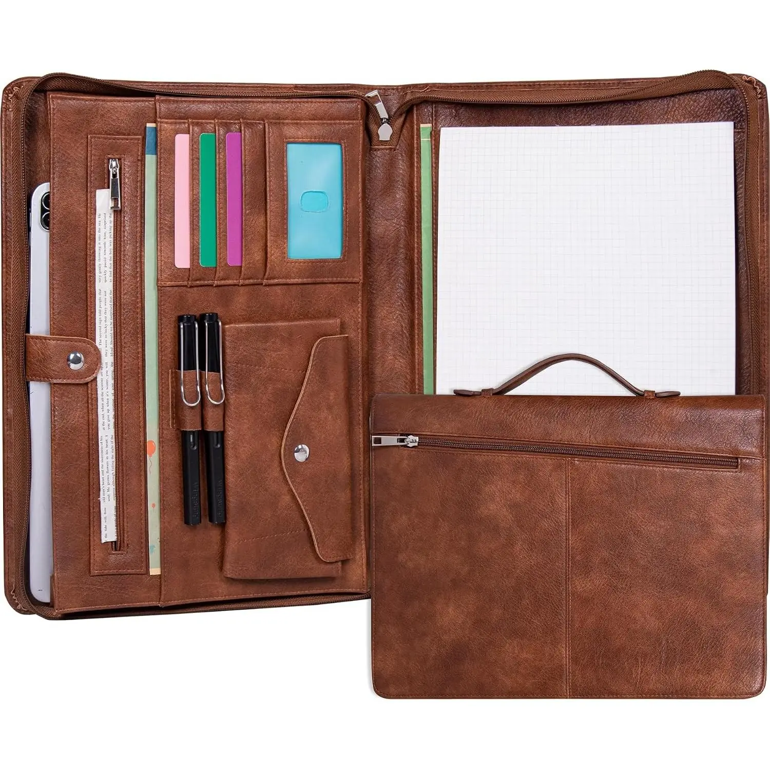 Leather Portfolio Binder with Handle and Zipper, A4 Notepad Holder Business Padfolio Organizer for Men Women, Ideal Father's Day Gift