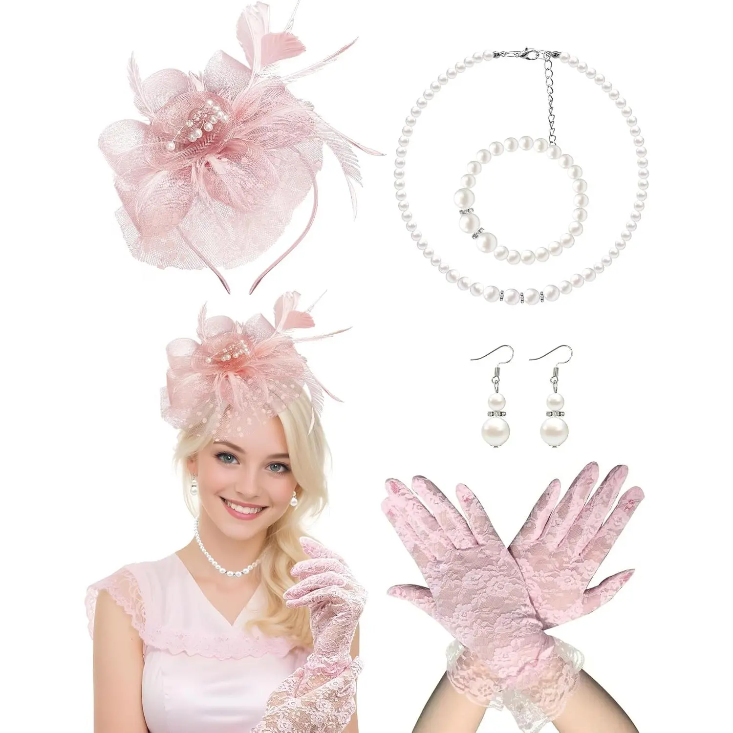 Fascinator Hat for Women Tea Party Headband Tea Party Headpiece and Lace Glove Set for Women 1920s Party