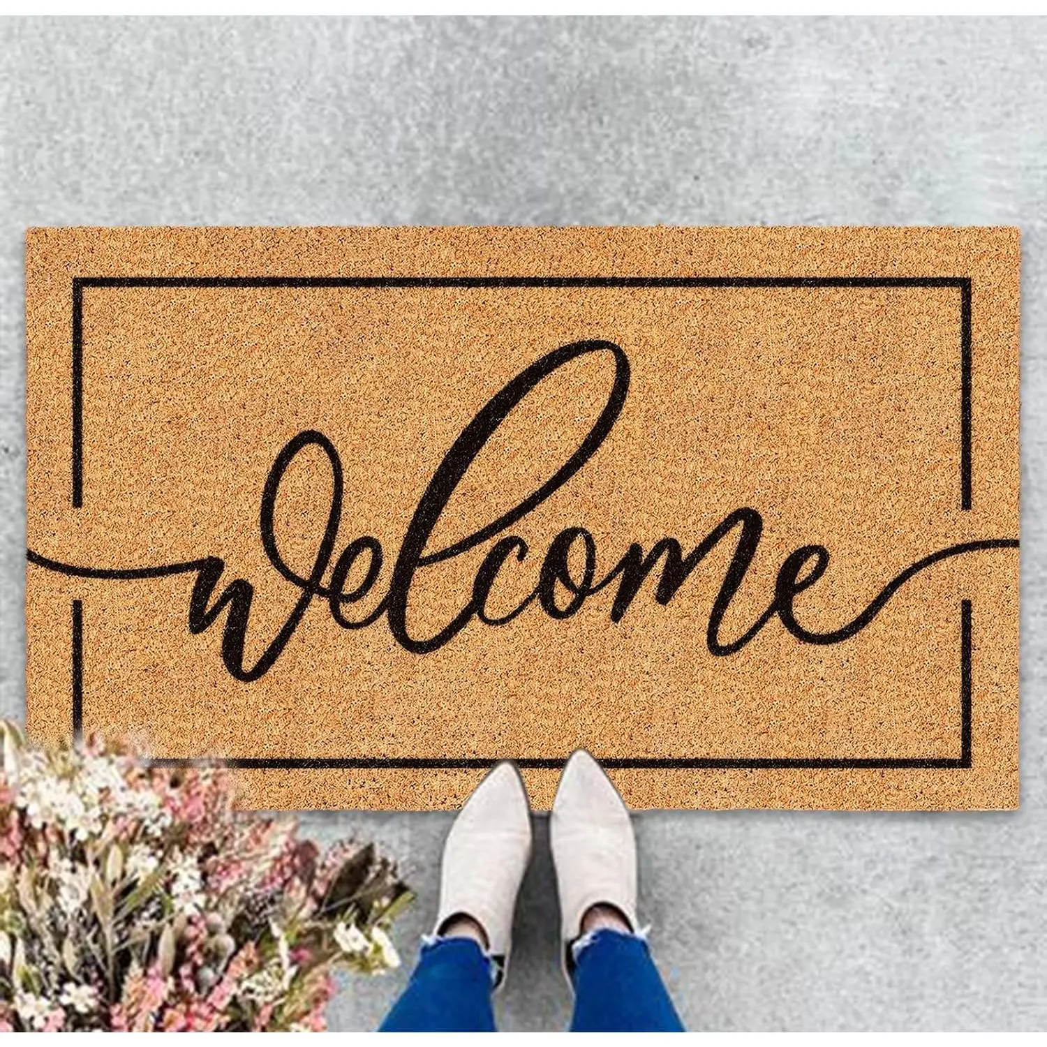 Minimalist Coir Doormat with Black Border, 16.5x29.1in Large Size Coir Fibers Rug, Non-Slip, Entrance Area Floor Mat, Indoor/Outdoor Bathroom Decor