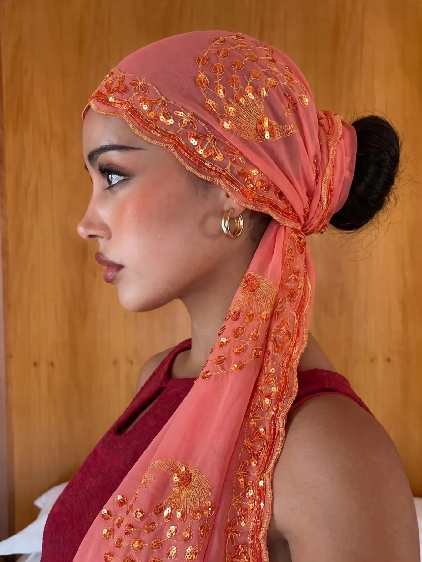 Solid Polyester Embroidered Sequin Scarf, Women's Summer Vacation Shawl, Fashion Elegant Accessory, Can Be Used as Headwrap, Fashion Headscarf