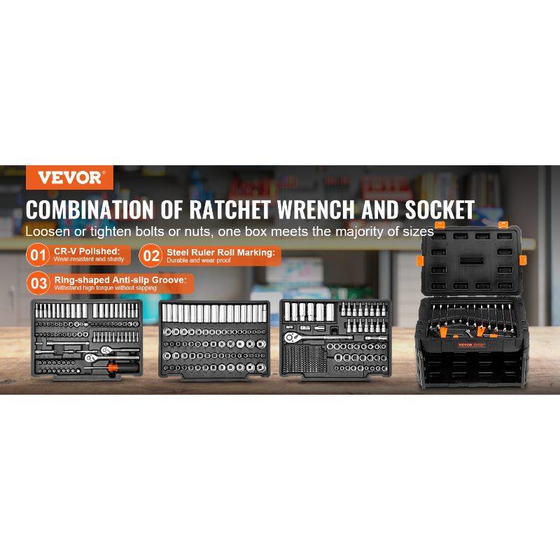 VEVOR Mechanics Tool Set and Socket Set, 1/4 3/8 1/2 Drive Deep and Standard Sockets, 450 Pcs SAE and Metric Mechanic Tool Kit with Bits, Hex Wrenches, Combination Wrench, Accessories, Storage Case