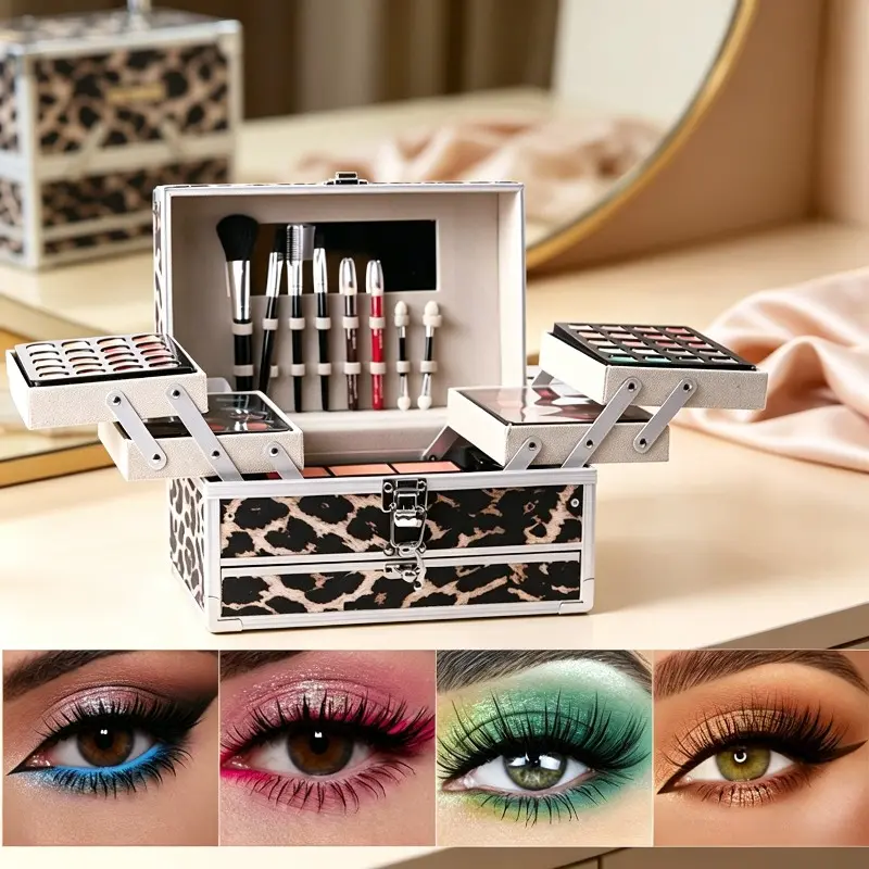 Leopard Print Full Face Makeup Palette, European & American Style Makeup Set, Multi-Color Matte & Shimmer Eyeshadow Blush All-in-One Palette, Versatile Makeup Tray for Daily & Stage Looks