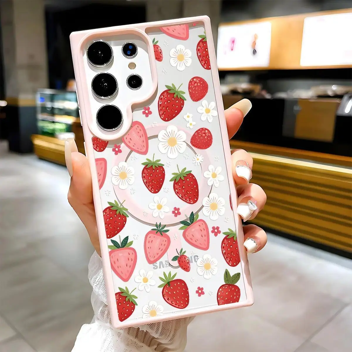 Strawberry Daisy Pattern Clear Phone Case for Samsung S22/S23/S24 Ultra Plus FE, Cute Flower Protective Silicone Bumper Cover, Non-MagSafe Compatible