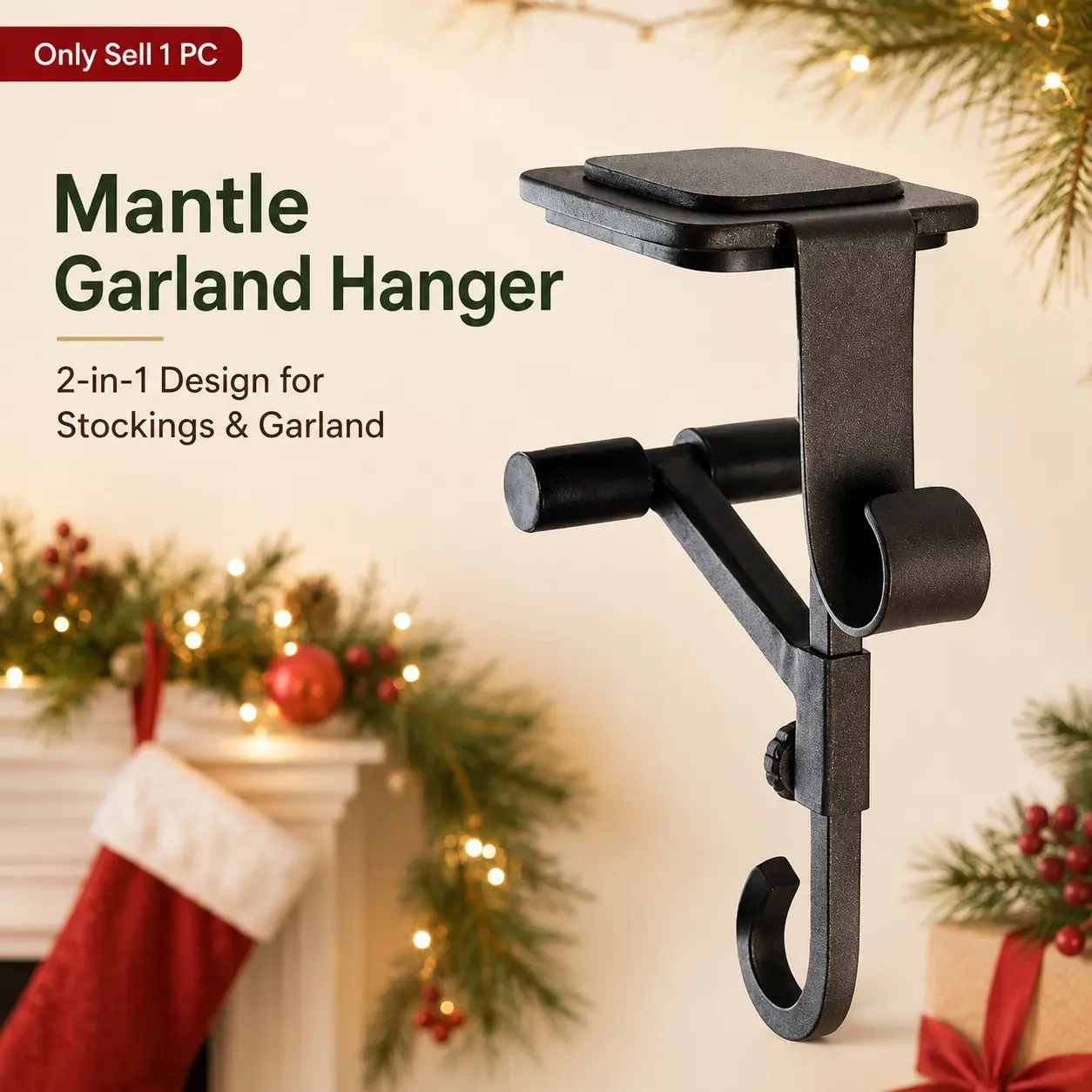 1 PC Mantle Garland Hanger Set, Classic Christmas Style Adjustable 2-in-1 Stocking and Garland Holders with Dual Hooks, No-Drill Metal Fireplace Hangers for Mantel, Door Frame and Holiday Home Decor