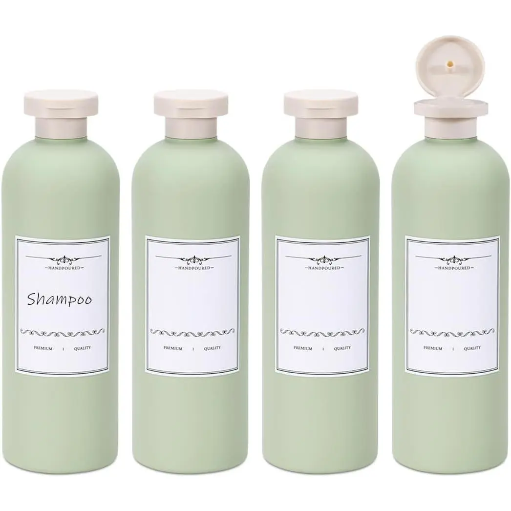 13.5oz 4 Pack Green Plastic Refillable Travel Shampoo and Conditioner Bottles with Flip Cap DispenserGift