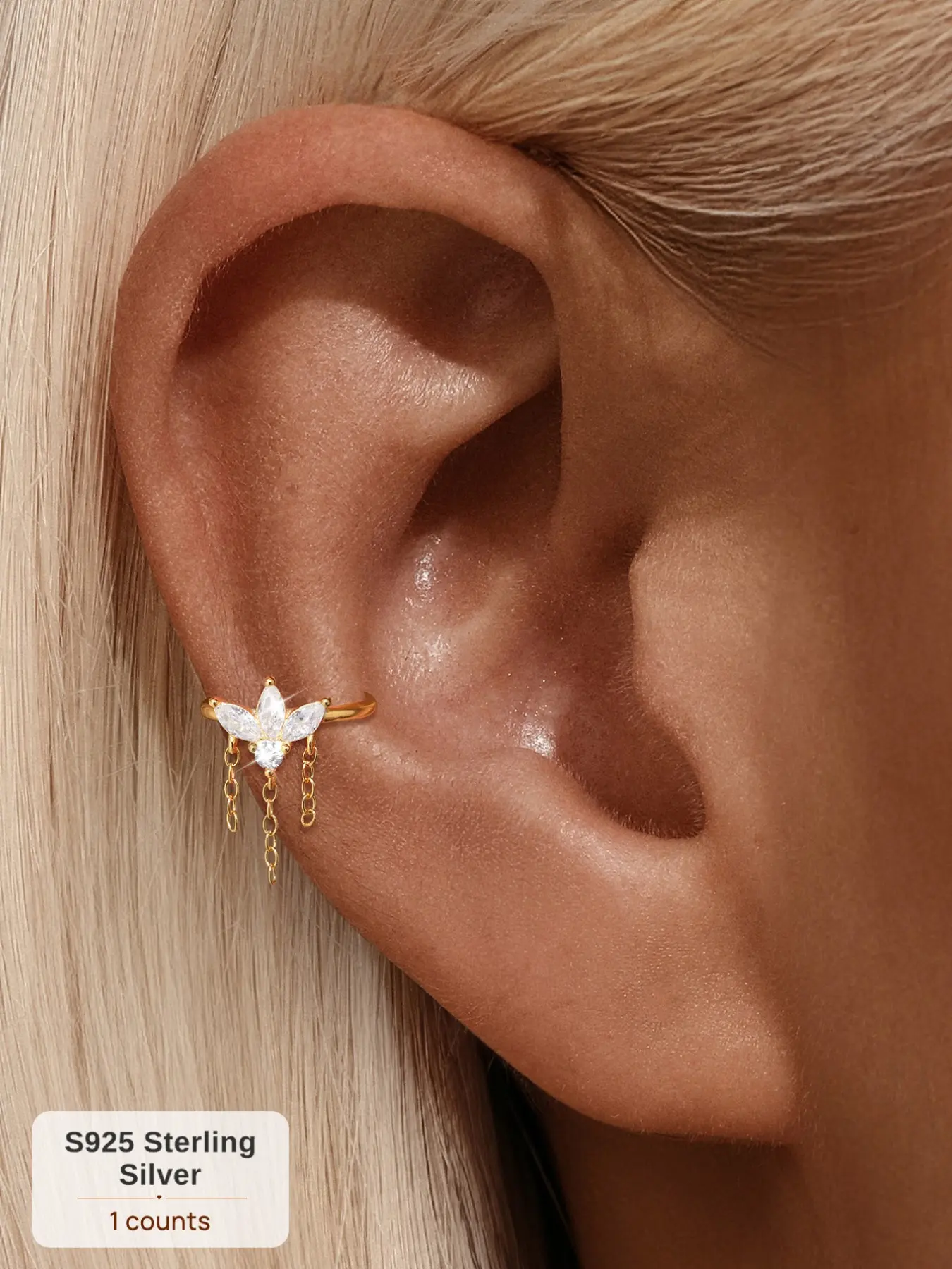 1Pc Waterproof S925 Sterling Silver Gold Plated Ear Cuff, Non-Tarnish Hypoallergenic Y2K Bling Rhinestone Accessories, Tarnish Free Marquise CZ Dangle Tassel No Piercing Cartilage Clip On Earrings Single Jewelry Trendy Gift for Her Women