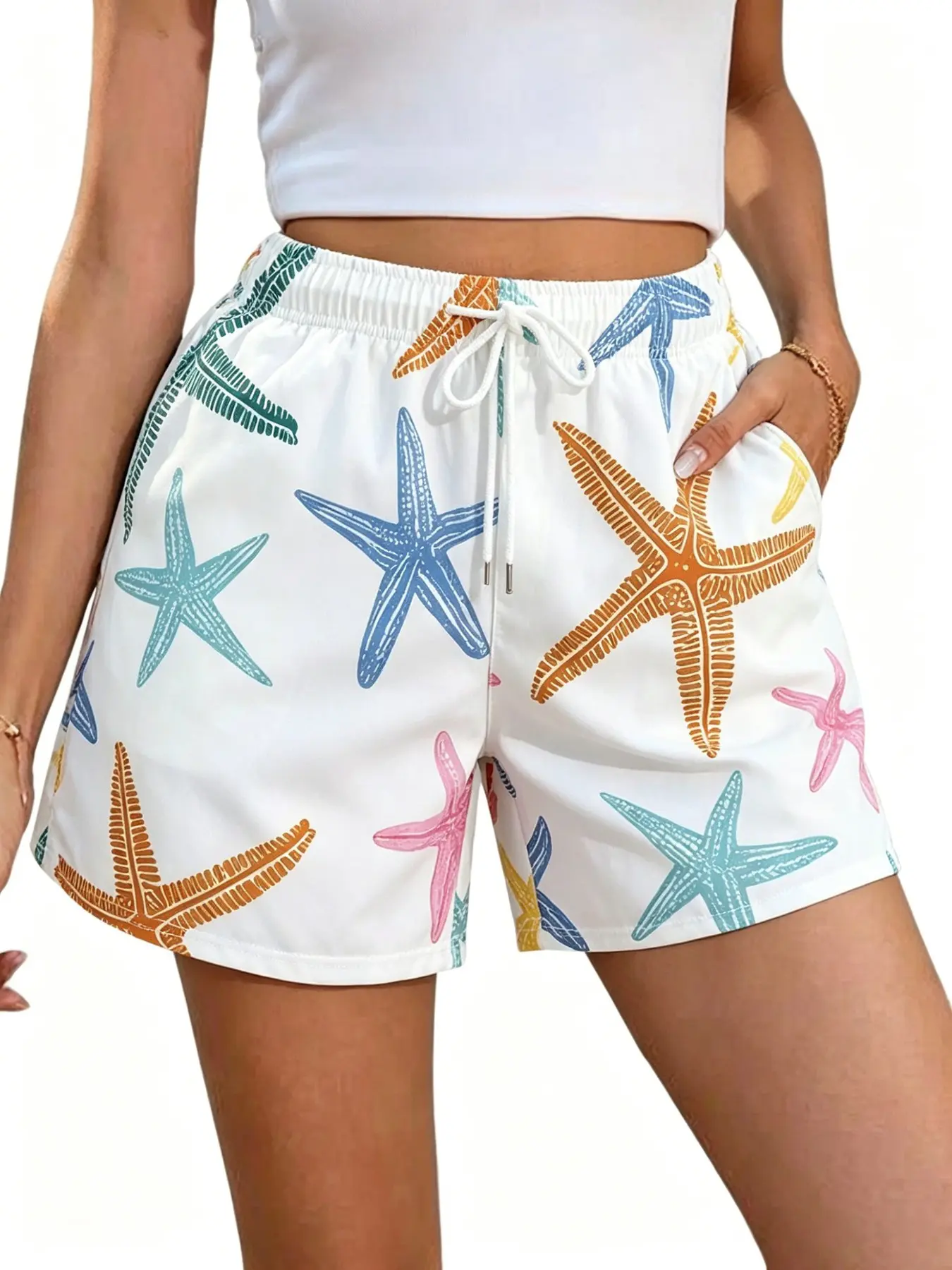 Women's Starfish Print Casual Shorts, Multi-Color Options, Comfortable Fashion Design, Suitable for Sports and Leisure, All Seasons
