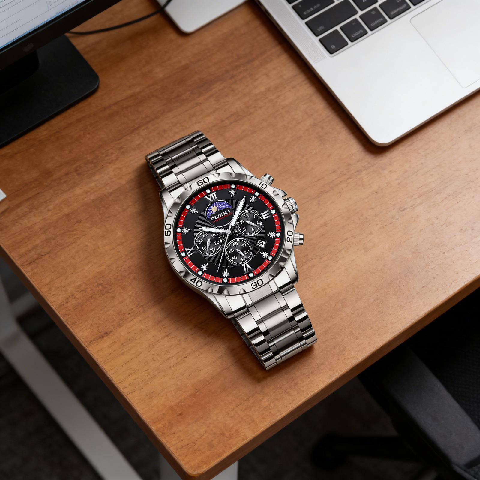 Men's Quartz Watch PE903 Movement 42mm Dial Luminous Display Calendar Moon Phase 30M Waterproof Stainless Steel Strap Business Style Hot-Selling Item