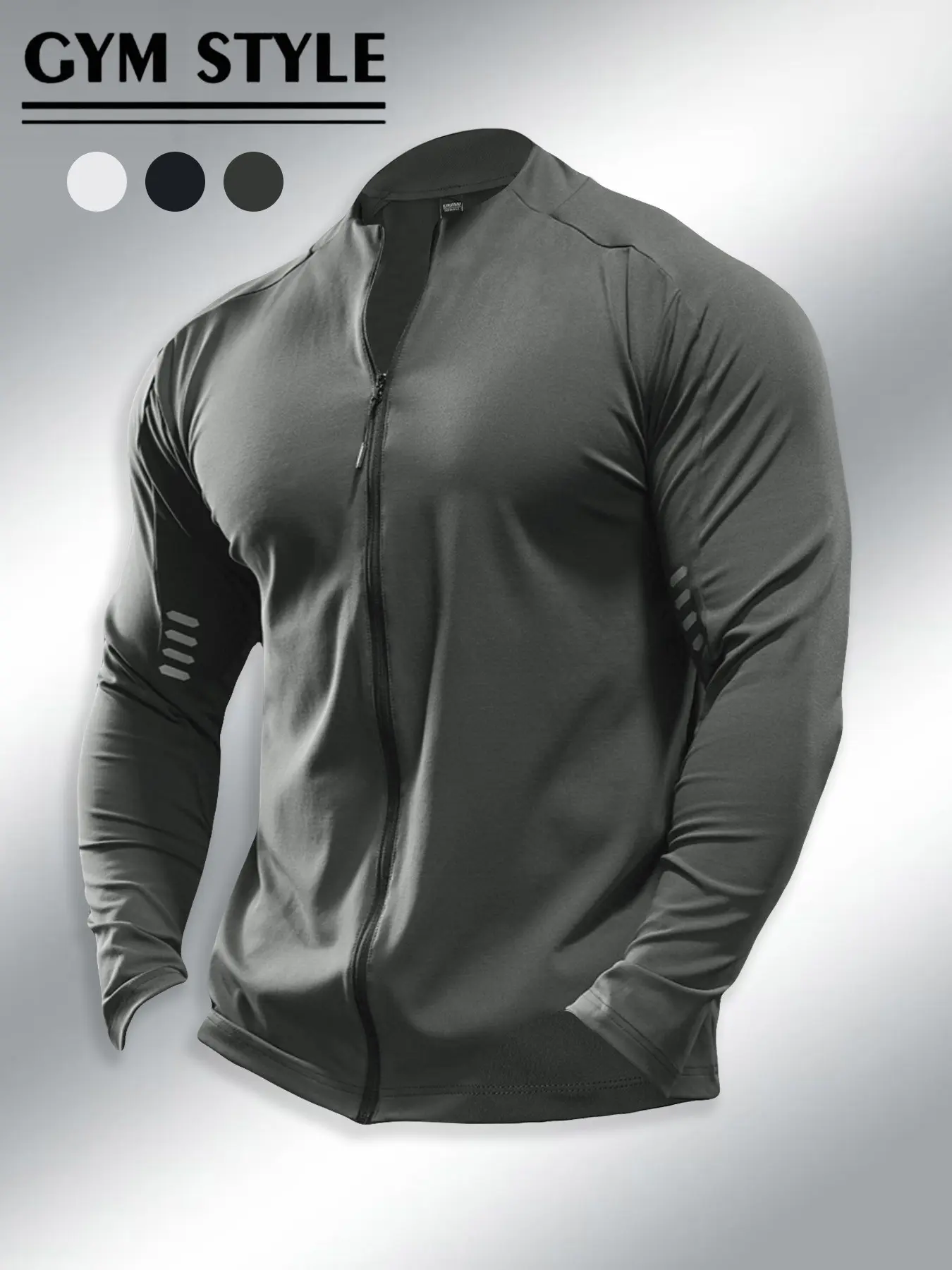 Men's Stand Collar Full Zip Fitness Jacket, Quick-Dry Breathable Lightweight Fabric, Muscle Fit Long Sleeve Top with Stripe Decoration