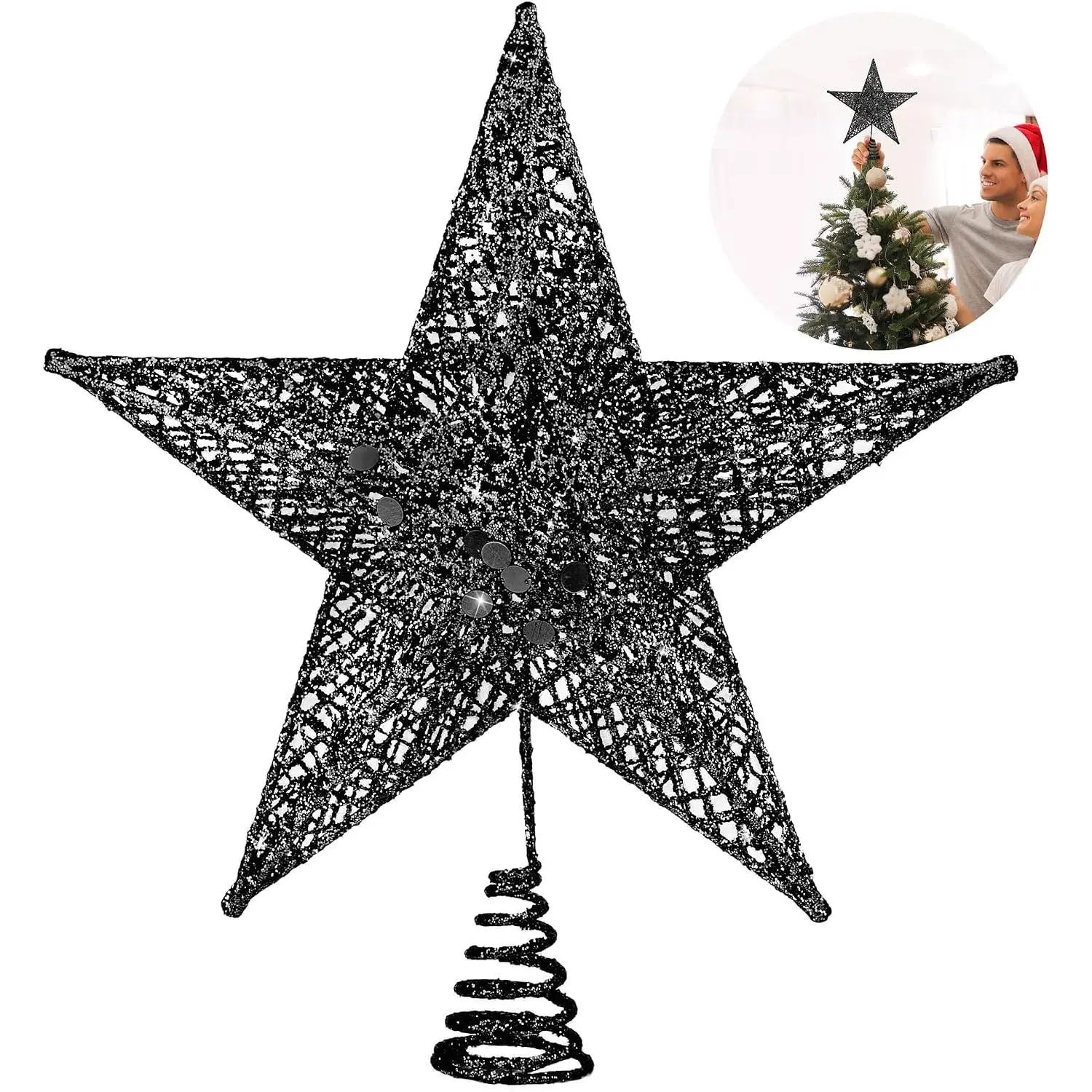 Christmas Tree Topper 8 Inches Metal Glittered Christmas Tree Topper Wire  Treetop Sparkle Xmas Decoration for Christmas Tree Ornament Indoor  Year Holiday Party Supplies (Black)
