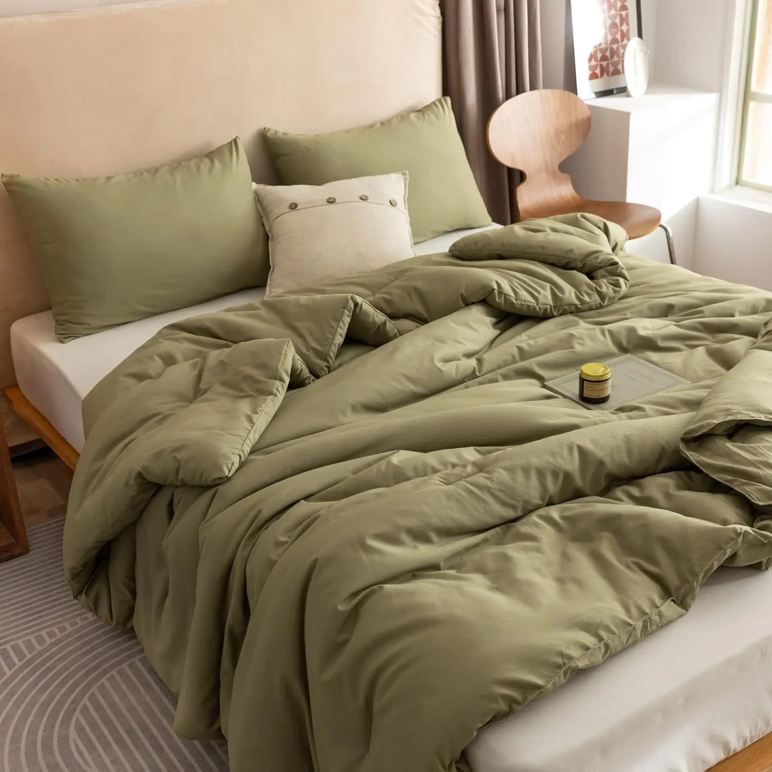 Queen Comforter Set Olive Green, 3pcs Bedding Sets Queen (1 Boho Olive Comforter & 2 Pillowcases), All Season Lightweight Blanket Quilt | Lightweight All Season Blanket, Boho Bedroom Décor, Easy Care