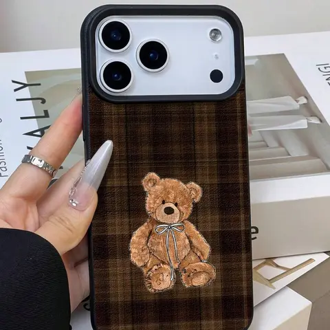 Brown Plaid Teddy Bear Phone Case Leather Texture Soft Case Cozy Vintage Style nostalgic style for iPhone 18 17 16 15 14 13 12 11 X Plus Pro Max Teddy Bear Lover Gift