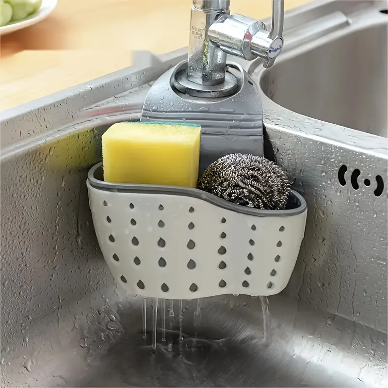 Adjustable Snap-On Kitchen Sink Organizer - Space-Saving Hanging Drain Basket for Sponges, Brushes & Cleaning Tools, Durable Plastic Design with Multiple Compartments for Efficient Drainage, Scratcher Basket |     Perforated Design |     Sturdy Plastic Co