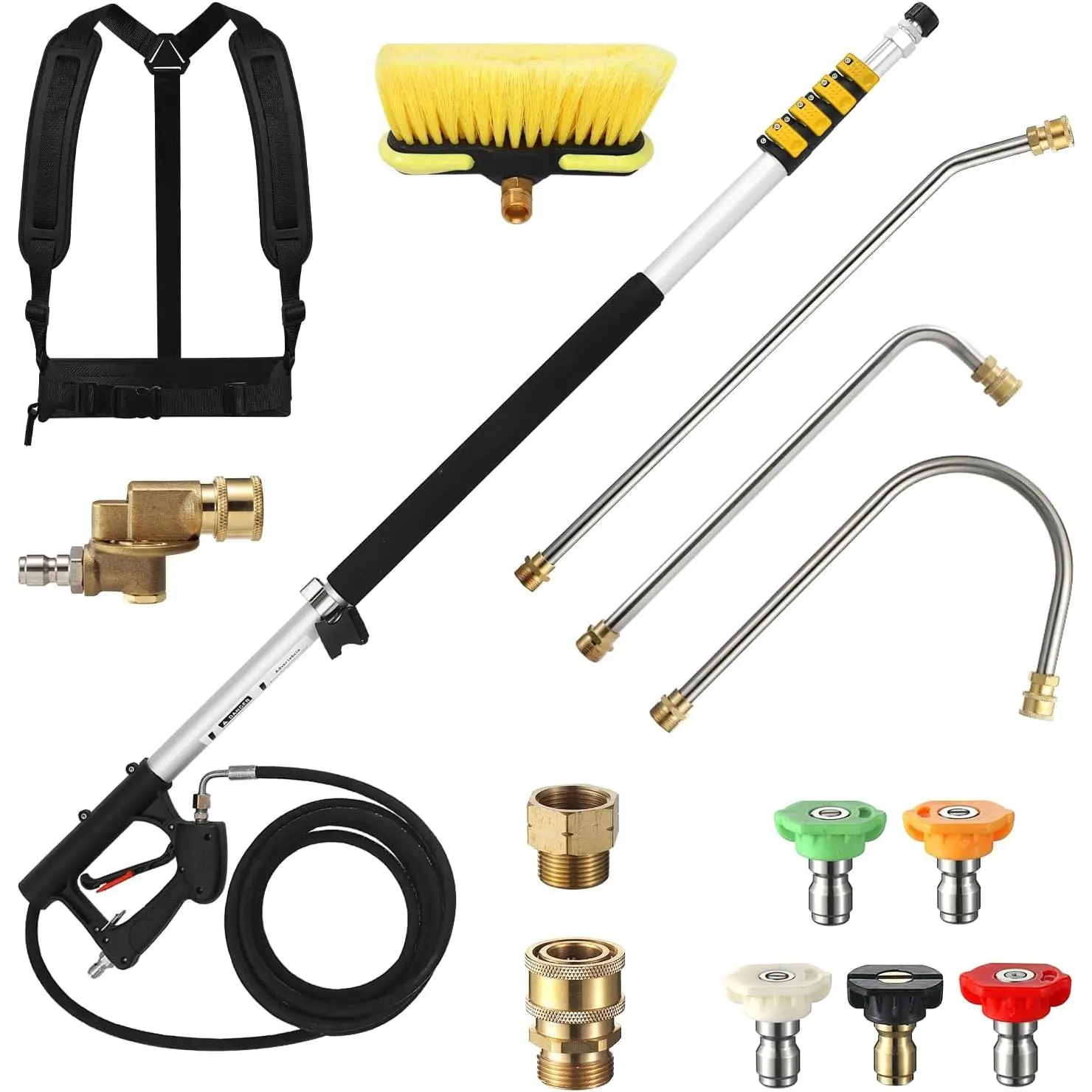 24 FT Telescoping Car Washing Wand with Synthetic Gutter Cleaner, Brush, 5 Nozzle Tips, 2 Hose Adapters & Support Belt (for Car, Gutters Cleaning), Includes Belt