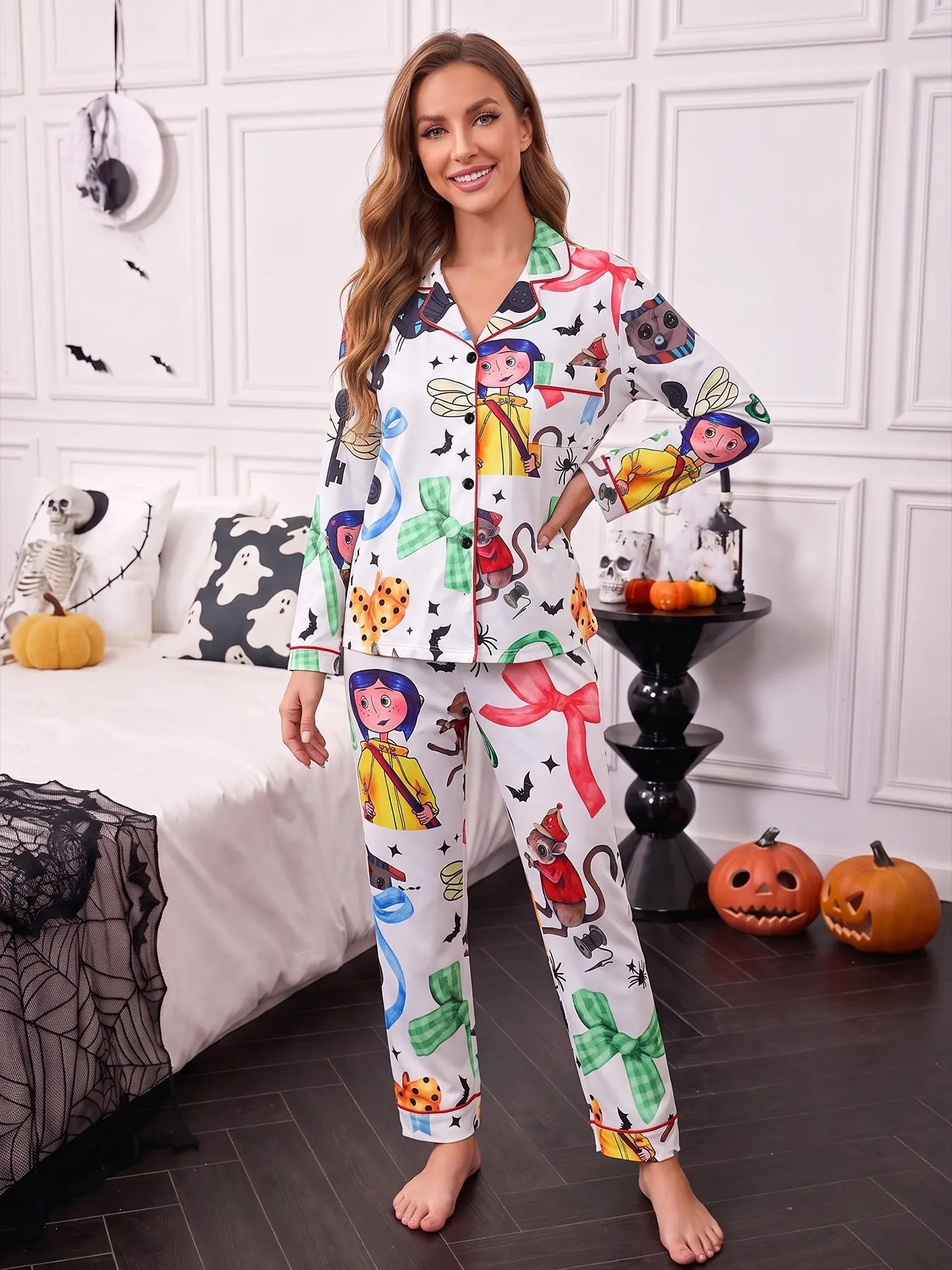 Women's 2-piece pajama set, white base printed with Coraline cartoon girl, black cat, mouse, bows, bats, spiders & magic keys, fun anime style. Red piping lapel top with pocket, soft elastic long pants, all-season casual women loungewear
