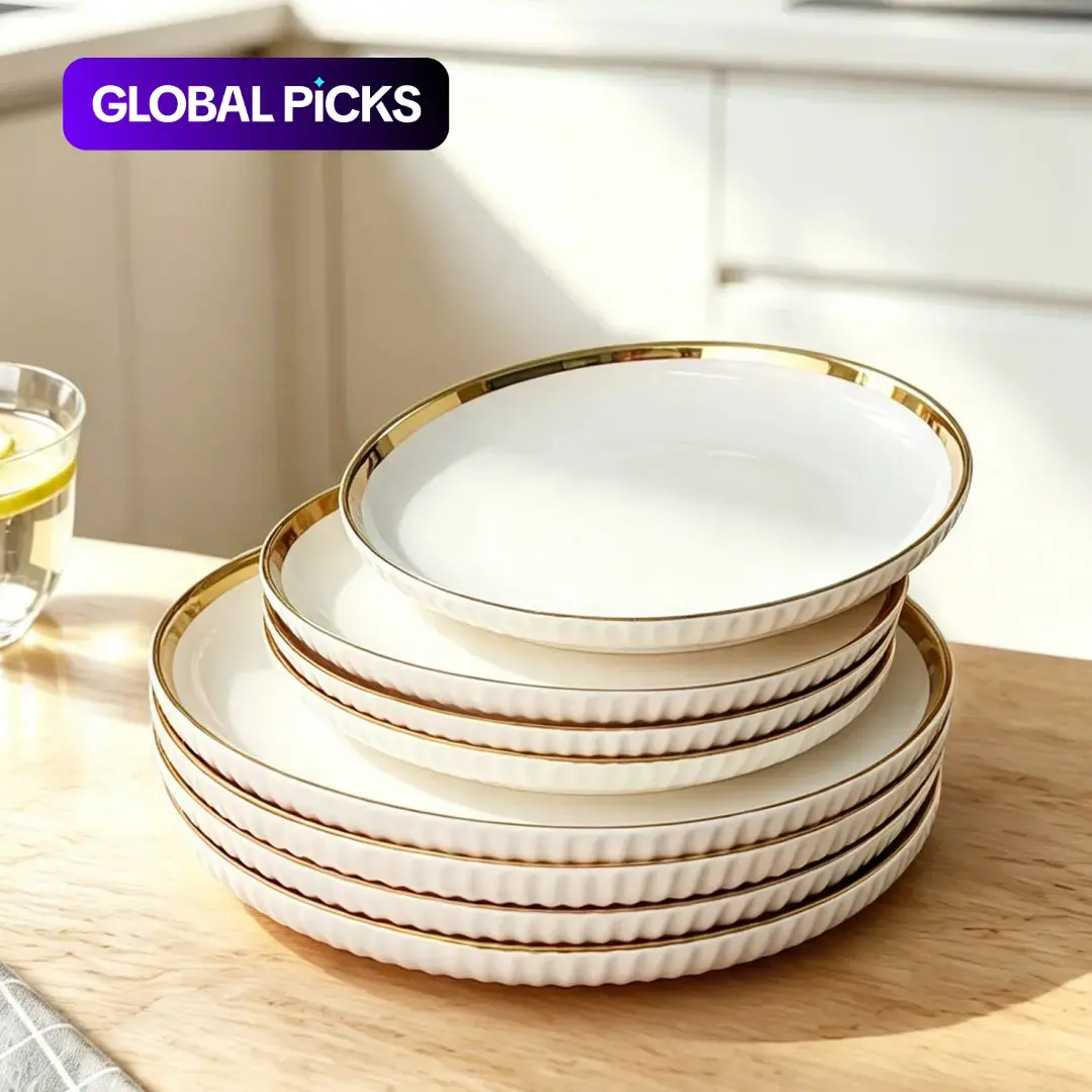 Elegant Dinnerware Set, 8 Plates, Trim, Vertical Groove, Durable & Stylish, Ideal for Daily Use, Perfect for Home Dining, Elegant Durable Tableware #GLOBAL PICKS