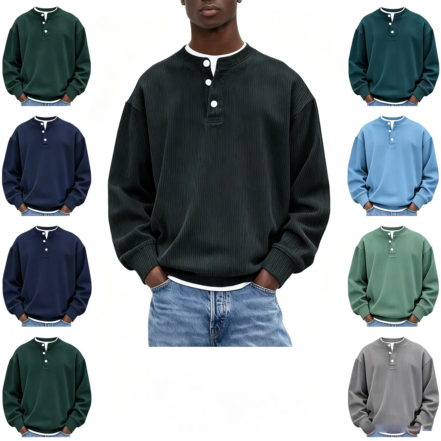 GYNLEUX Mens Corduroy Ribbed Henley Shirt Long Sleeve Oversized Button Placket Pullover Sweatshirt Loose Fit Thermal Casual Top For Spring Fall Winter Daily Street Walking Outdoor Travel Layering Basic Fashion Long Sleeve Tee For Adult Men Classic Fabric