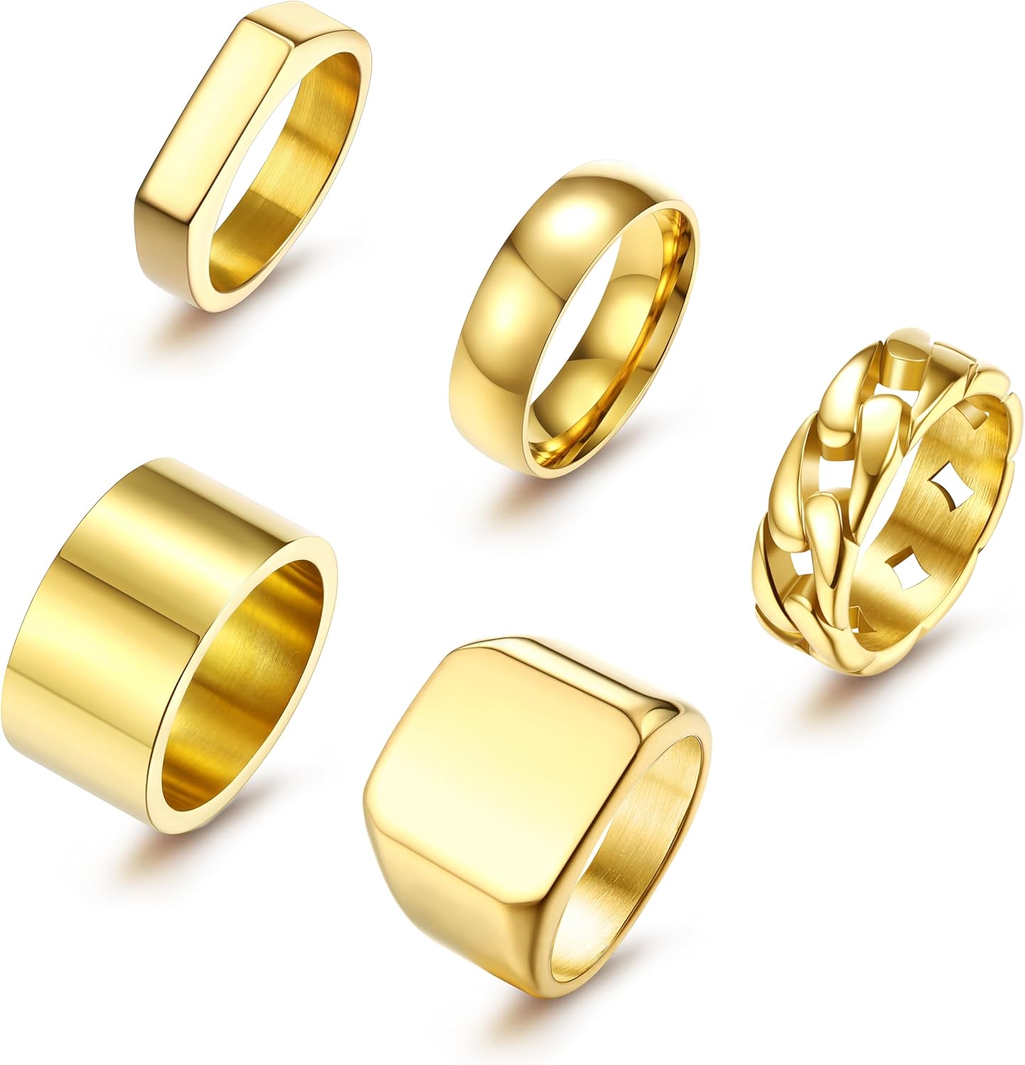 5 PCS 14K Gold Rings for Men Mens Gold Ring Mens Stainless Steel Rings Square Signet Rings Pinky Thumb Ring Chunky Thick Band Cuban Link Chain Ring Cool Finger Ring Wedding Band Ring for Men(Size 7-15)