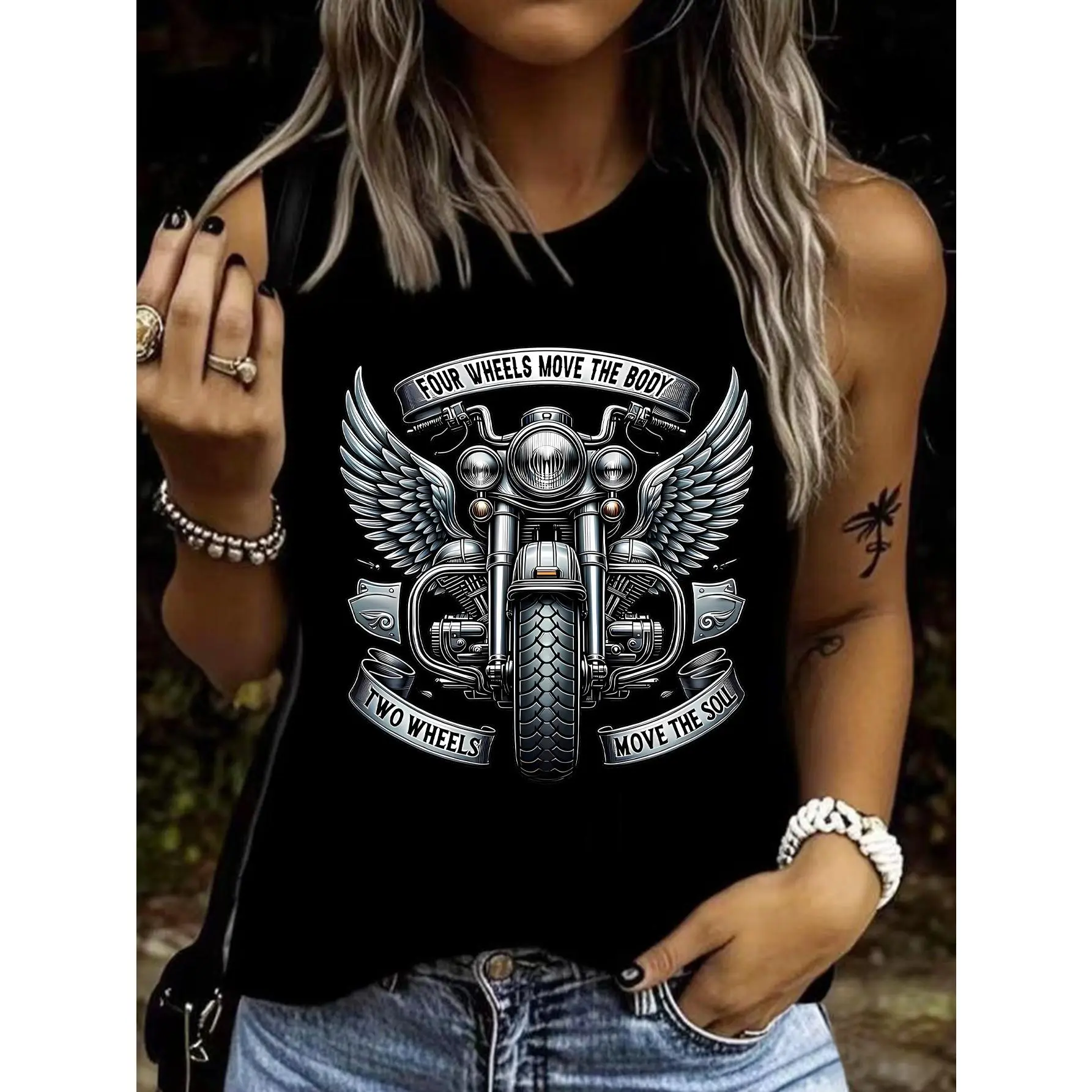 Winged Locomotive Print Tank Top, Women's Crew Neck Casual Sports All-Season Comfort Vest, Tank Top for Motorcycle Enthusiasts, Affordable and Cute Women's Apparel, Masquerade Outfit, Cosplay Costume, Women's Club Wear, Hippie Outfits for Women, Valentine