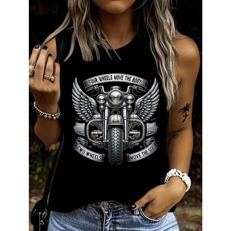 Women's Crew Neck Winged Locomotive Print Tank Top - All-Season Comfort Garment for Motorcycle Enthusiasts, Cute Affordable Fabric Top, Versatile for Beach Outings, Denim Skirts Pairing