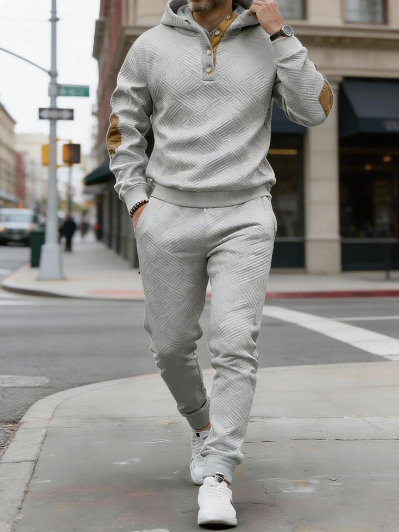 Vintage Style Men's 2-Piece Loungewear Set - Textured Fabric Hoodie with Button Placket & Contrast Details Casual Beige