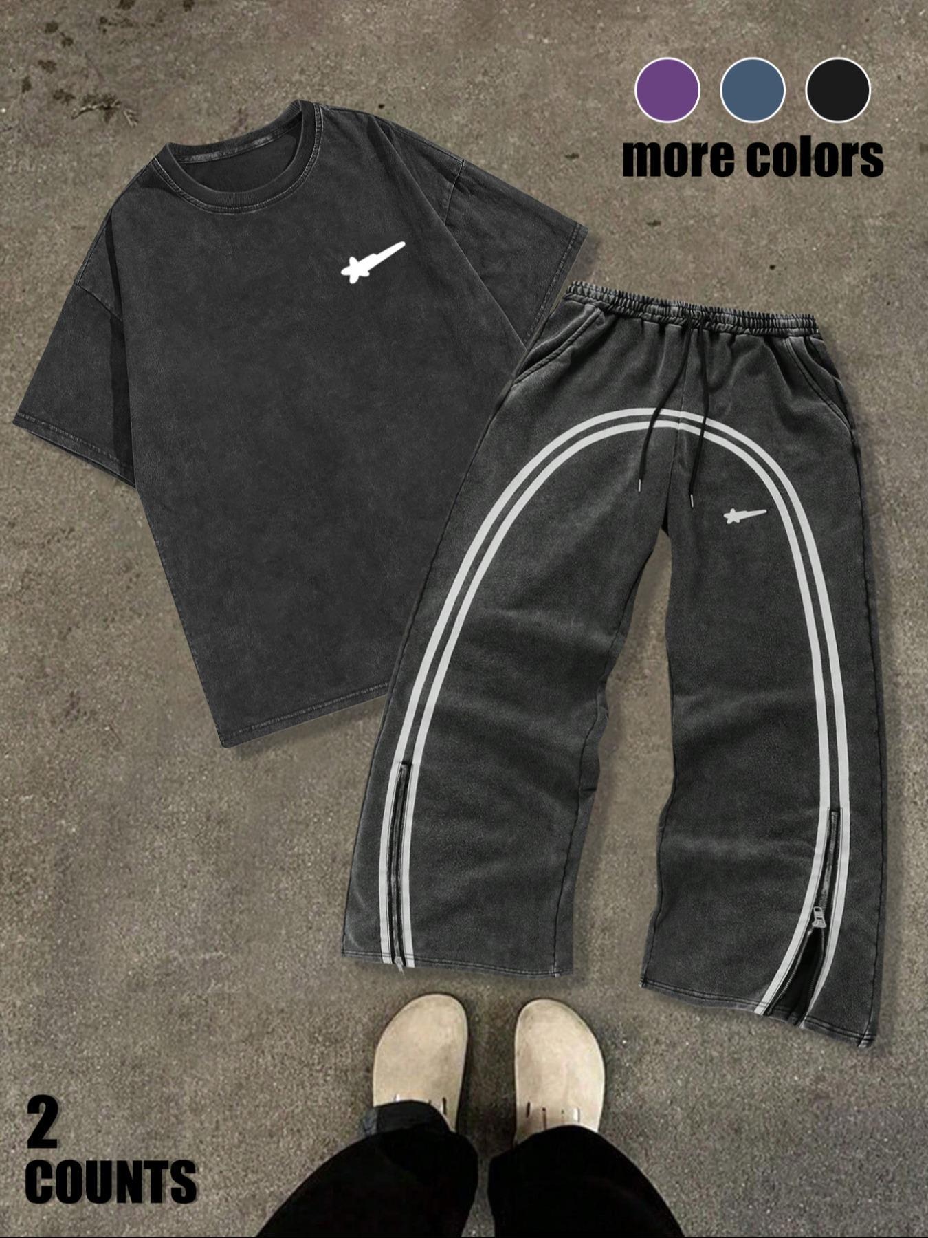 Men's Star & Striped Print Tee & Pants Set, Loose Fashion Round Neck Short Sleeve T-shirt & Trousers for Daily Outdoor Wear, Men's Clothing for Spring & Fall, Menswear