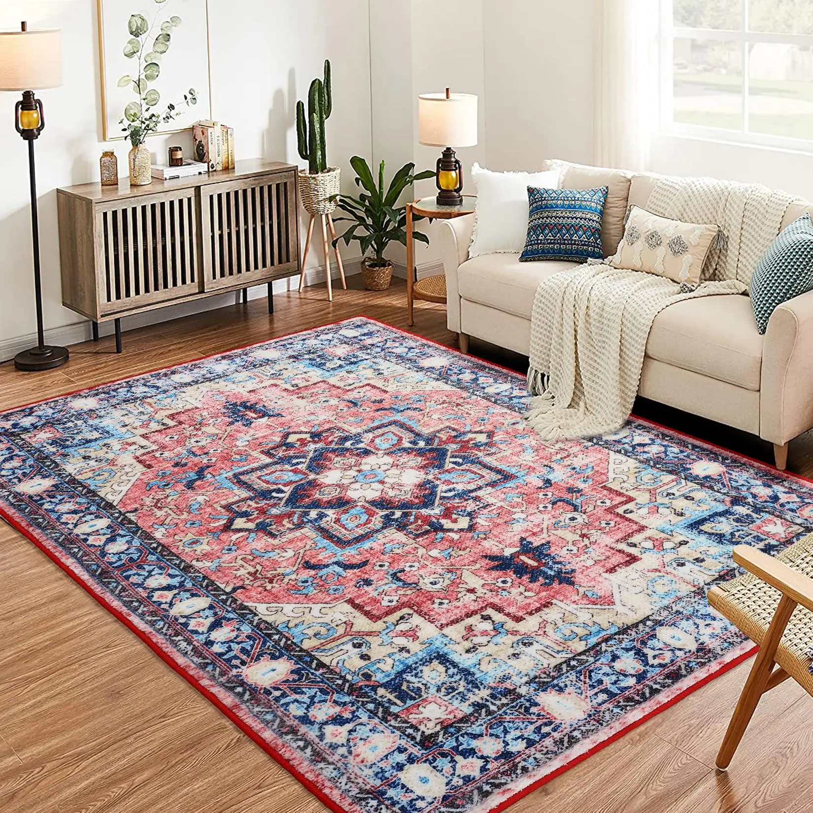 Boho Vintage Medallion Area Rug - 4x6 Washable Floral Print Rug, Easy-Cleaning, Low-Pile, Non-Shedding, Non-Slip Soft Accent Carpet for Dining Room, Home Office, Bedroom, Entryway