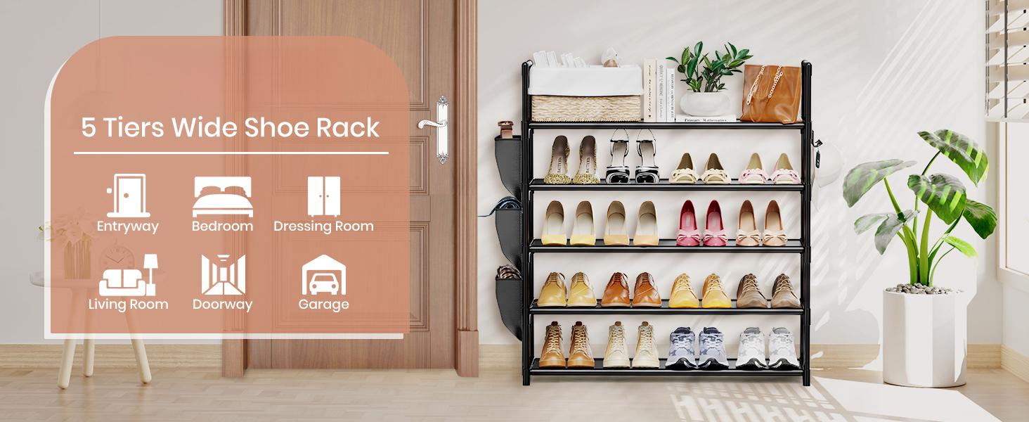5 Tier Shoe Rack with Hook and Side Pocket,Shoe Organizer Space Saver Storage for 20-25 Pair Shoe Storage Shelf Sturdy Free Standing Long Shoe Rack Organizer for Closet,Entryway,Small Spaces