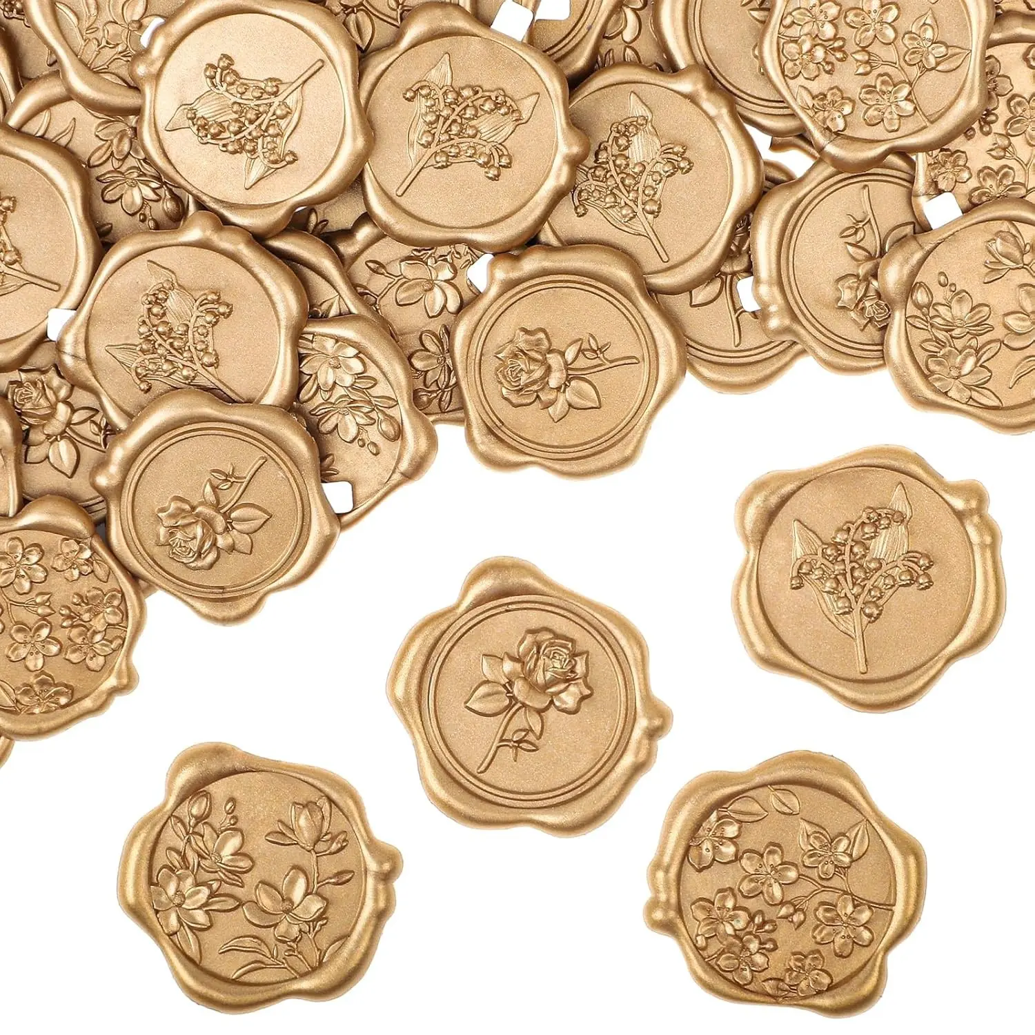 60Pcs Wax Seal Stickers, Wedding Invitation Envelope Seal Stickers Adhesive Backed Light Gold for Wedding, Party,Graduation,Mother's Day,Gift Wrapping (4 Flower Styles)