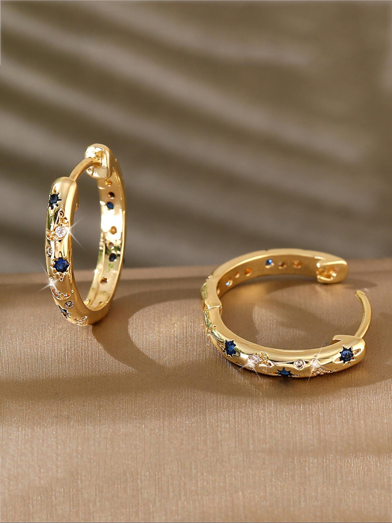 Vintage Star & Moon Decor Hoop Earrings, Fashionable Rhinestone Decorated Earrings for Women, Trendy All-match & Exquisite Jewelry for Birthday Gift, Statement Earrings, Fashion Accessory