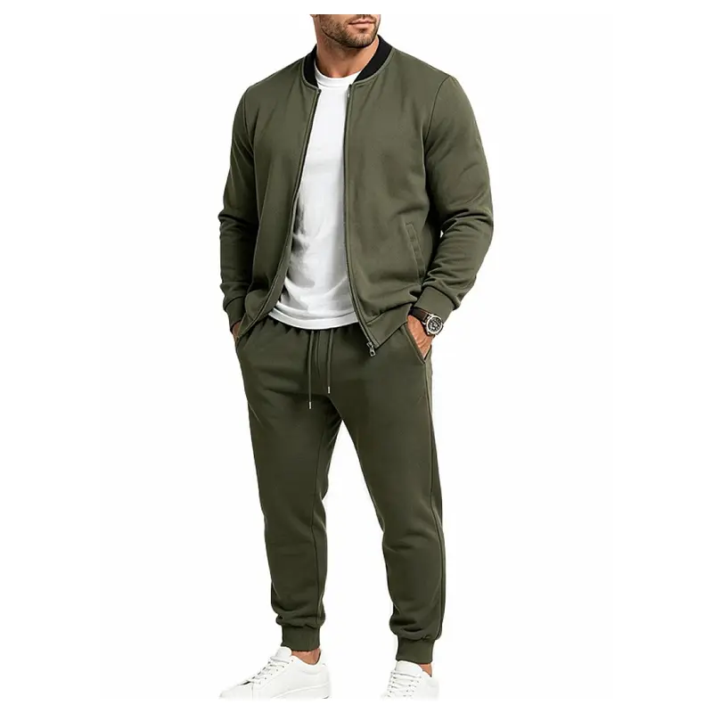 TRFIC Men's 2-Piece Fall Casual Tracksuit Set - Loose-Fit Zip-Up Baseball Bomber Jacket & Drawstring Cuffed Sweatpants, Solid Outfit for Outdoor Sports & Daily Commute