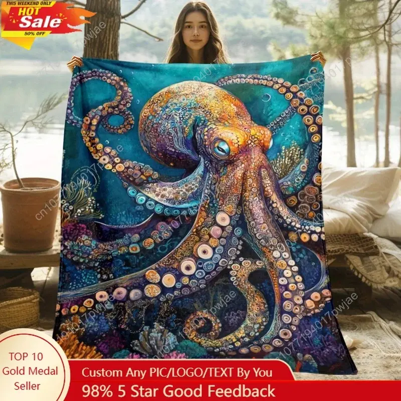Featuring a giant octopus and coral reef print, this lightweight, soft, and warm polyester blanket is perfect for sofas, beds, travel, and home use.