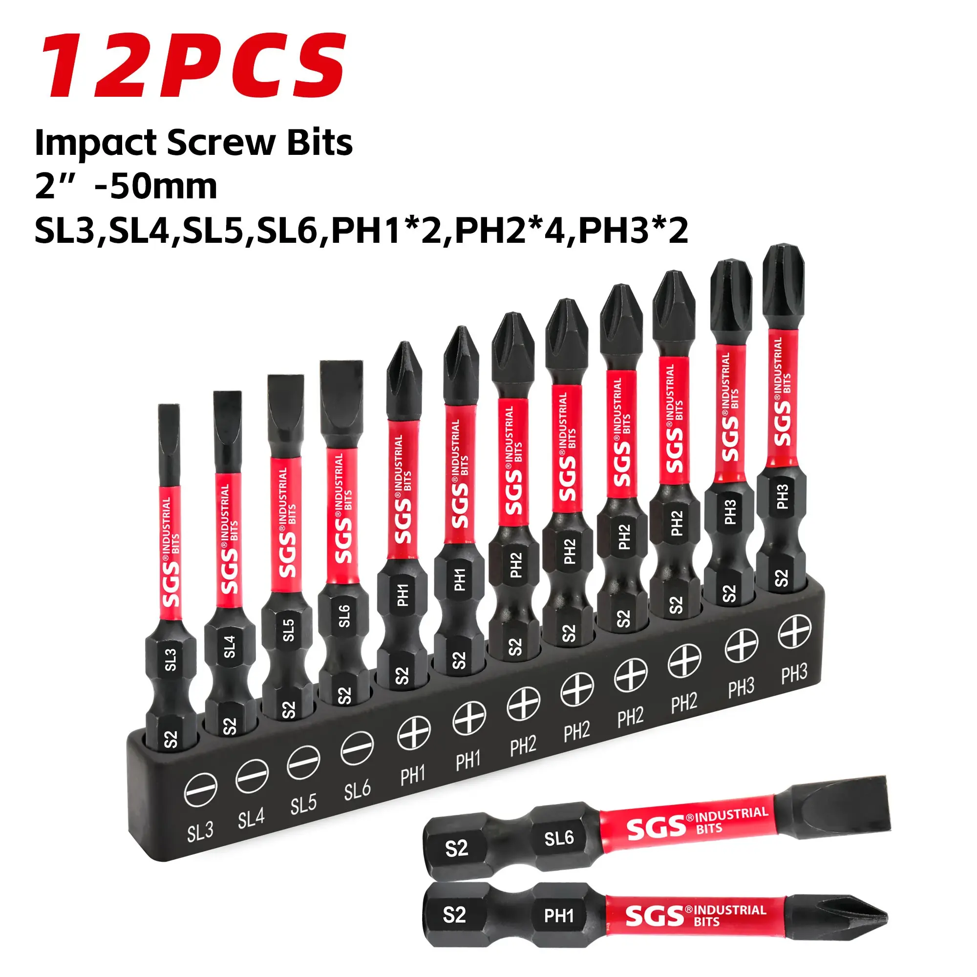 12pcs 50mm Magnetic Slotted & Phillips Screwdriver Bit Set, Industrial S2 Steel, Stain Resistant Metal, High Torque, Anti-slip & Wear Resistant, Fits Manual & Power Tools for Home Repair