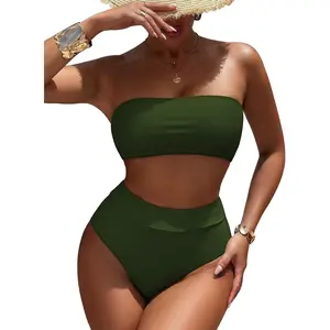 Women's High Waist Bikini Set Removable Strap Bandeau Two Piece Swimsuit Bathing Suit